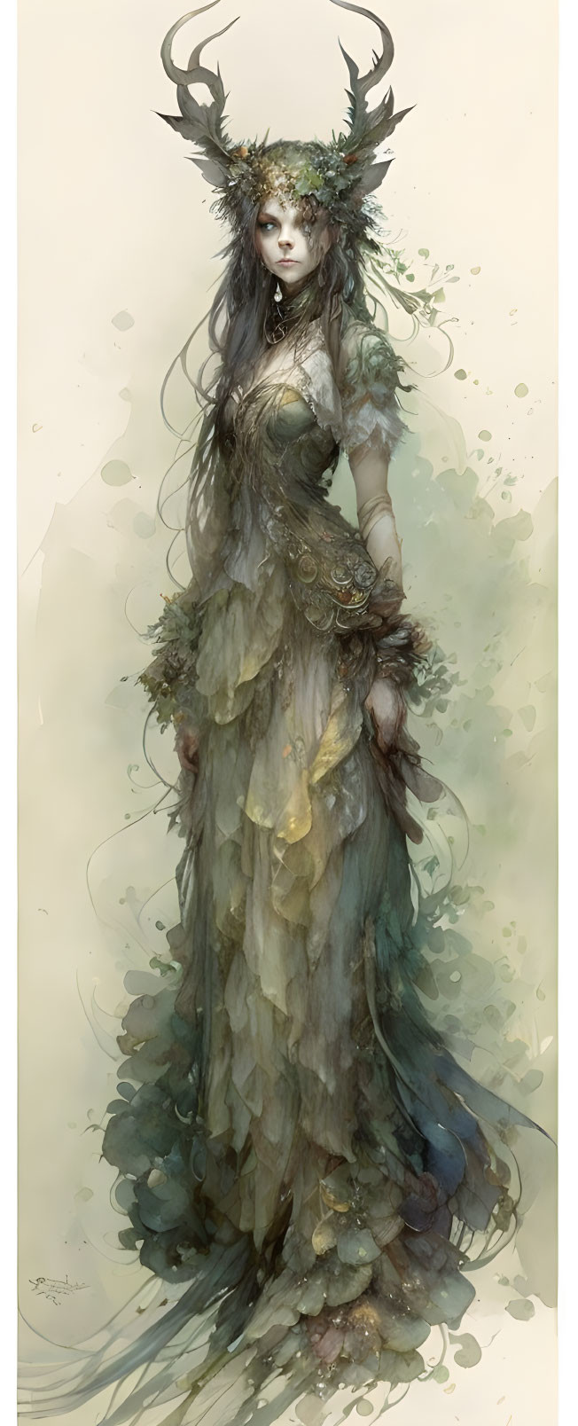 Woman with antlers and nature dress evokes mystical forest spirit