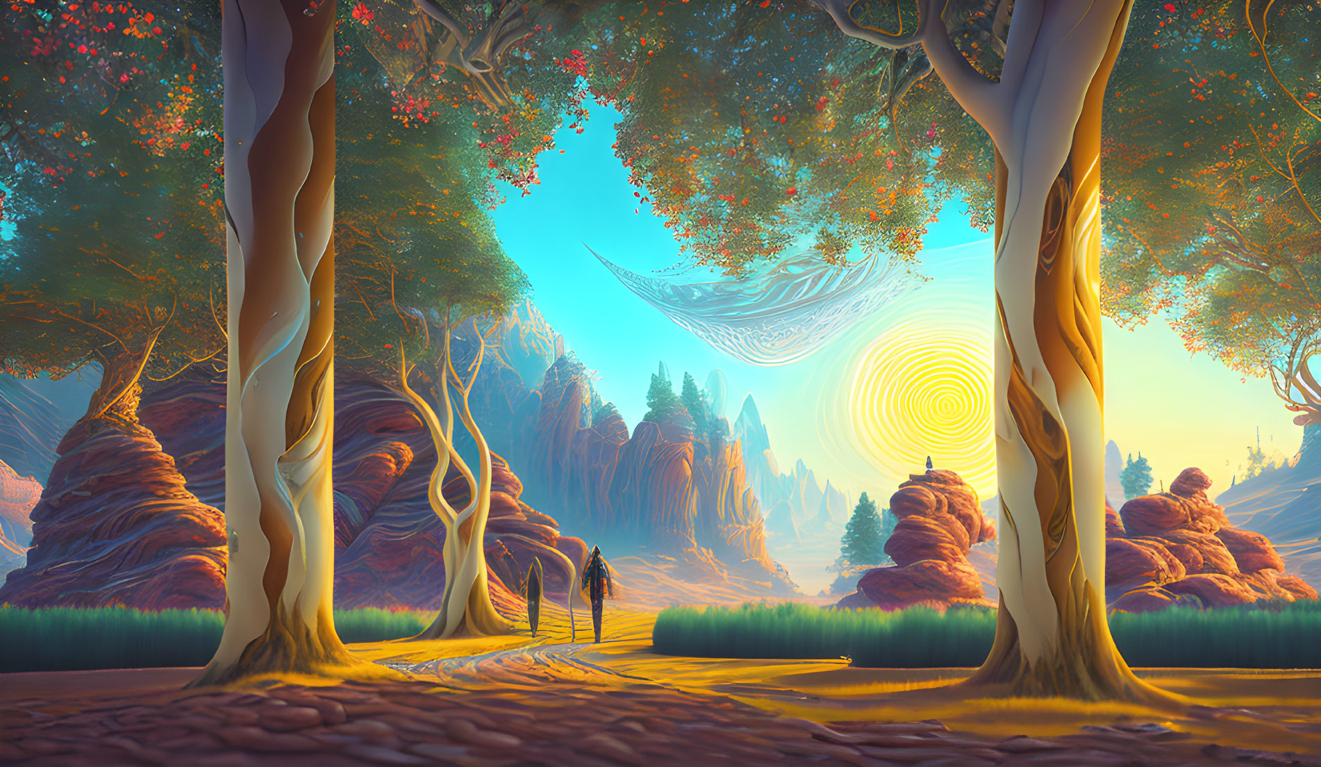 Colorful fantasy landscape with towering trees and swirling skies