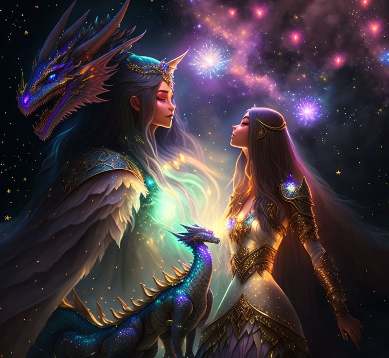 Ethereal women in ornate attire with majestic dragon in cosmic setting