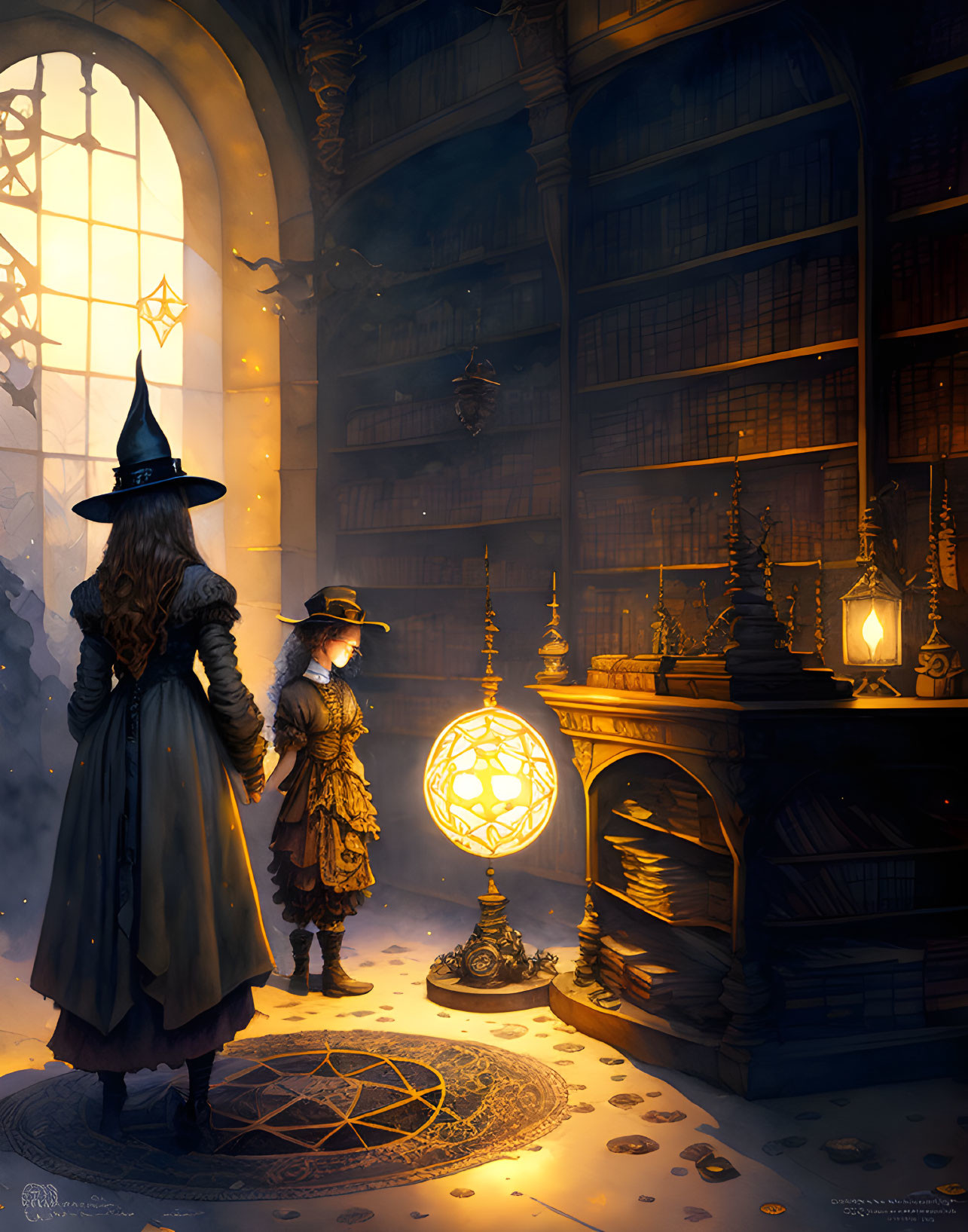 Enchanted library with witch in pointed hat