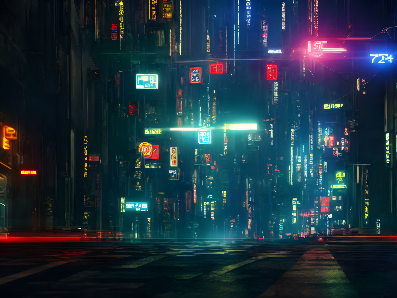 Neon-lit urban street at night with multilingual signs on wet pavement