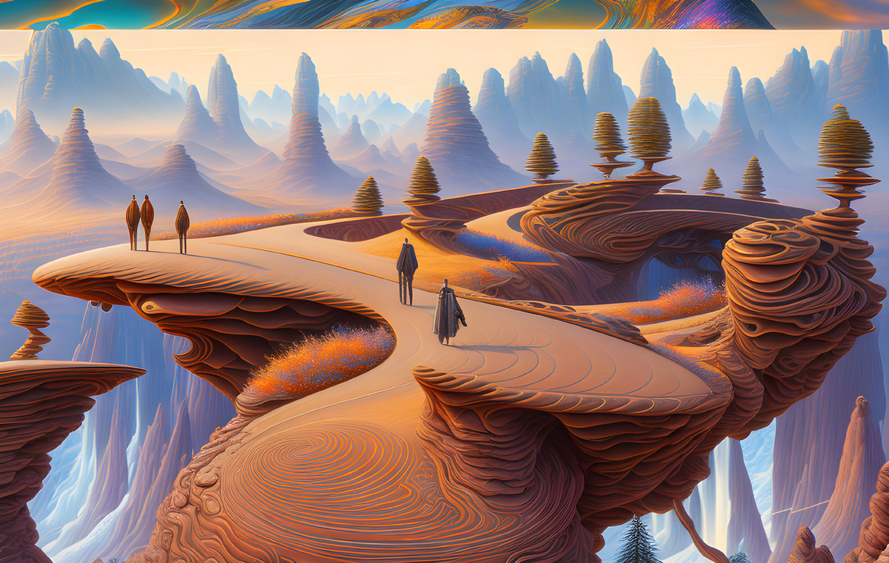 Surreal Landscape with Orange Rock Formations and Pine Trees