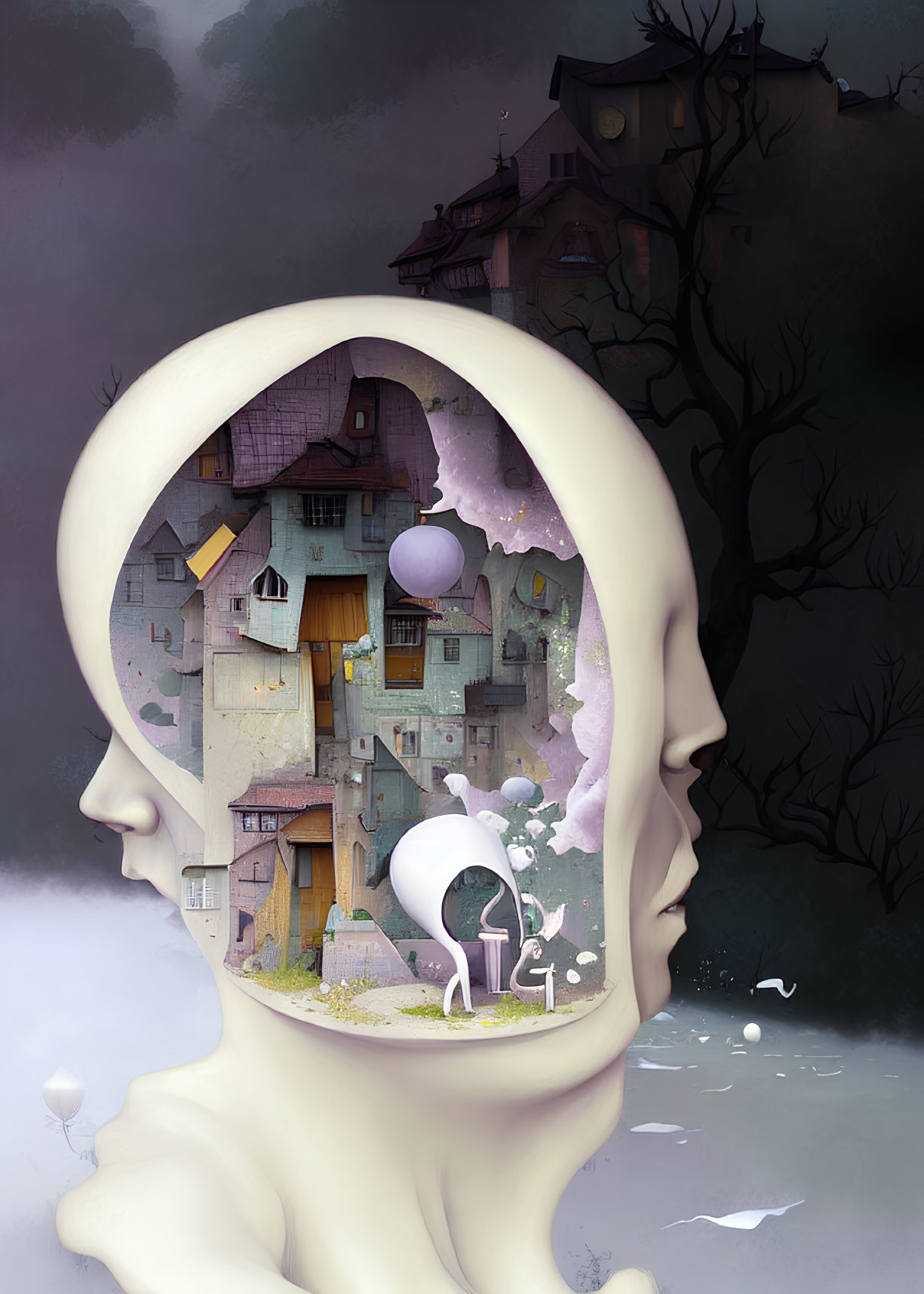 Surreal human head silhouette with village scene in misty backdrop