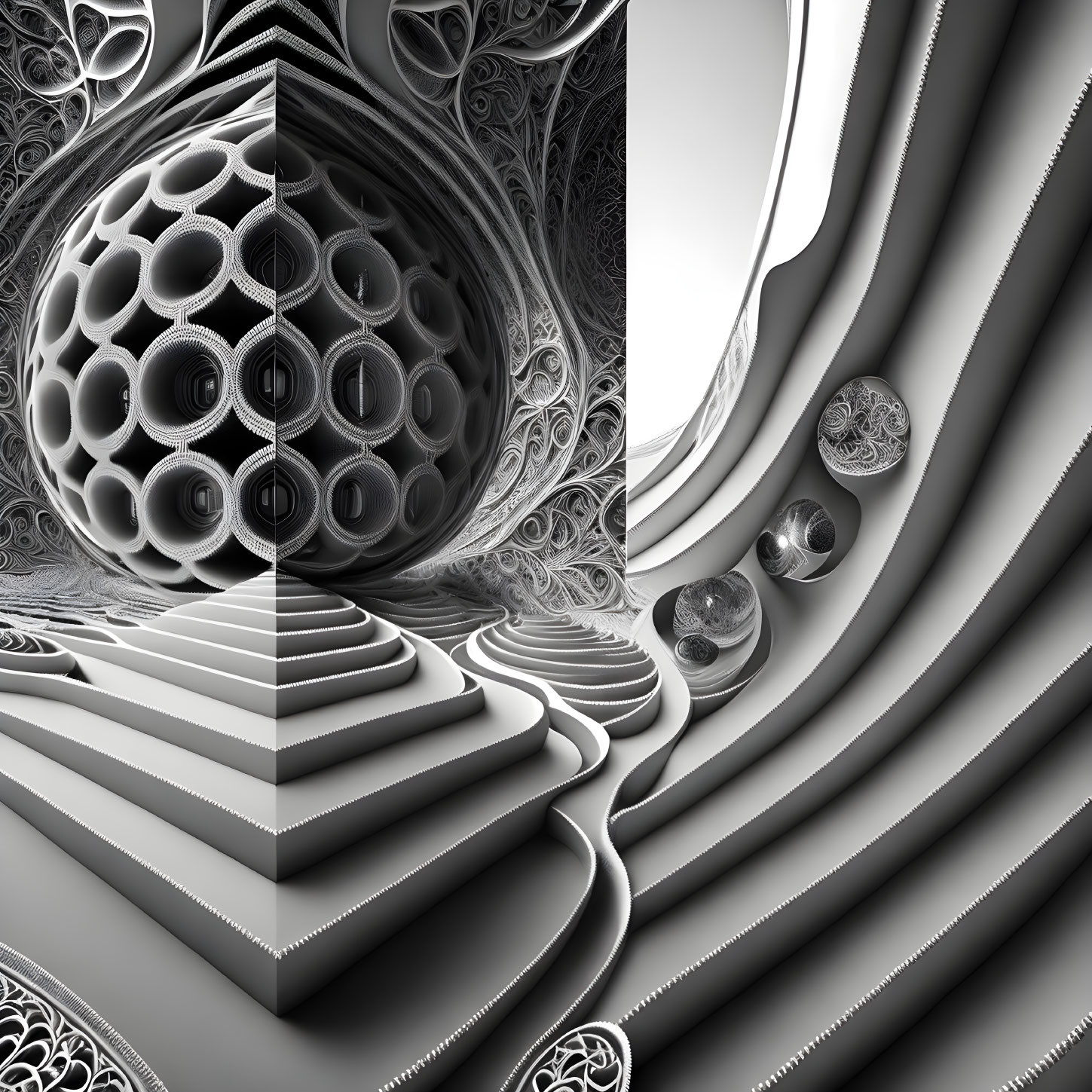 Abstract black and white fractal art with spherical and spiral patterns