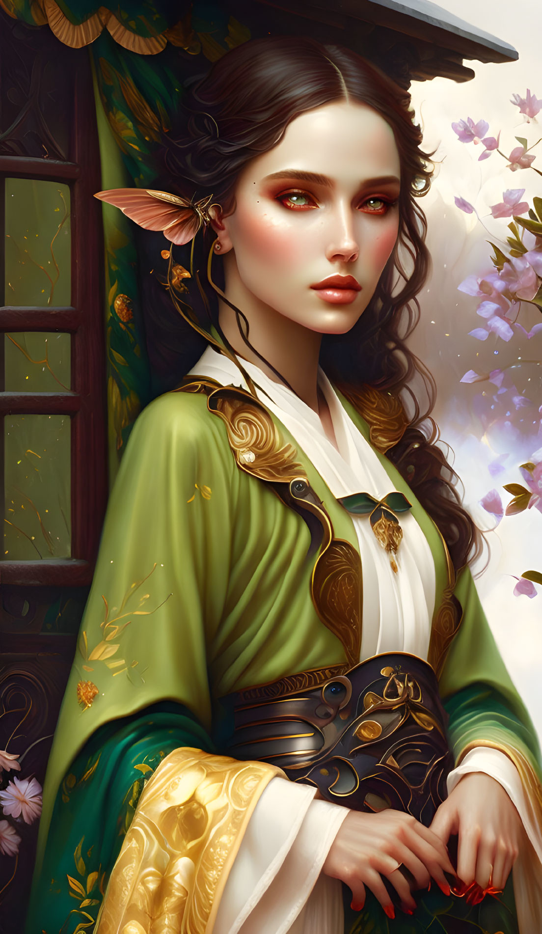 Fantasy woman with elf ears in green and gold attire