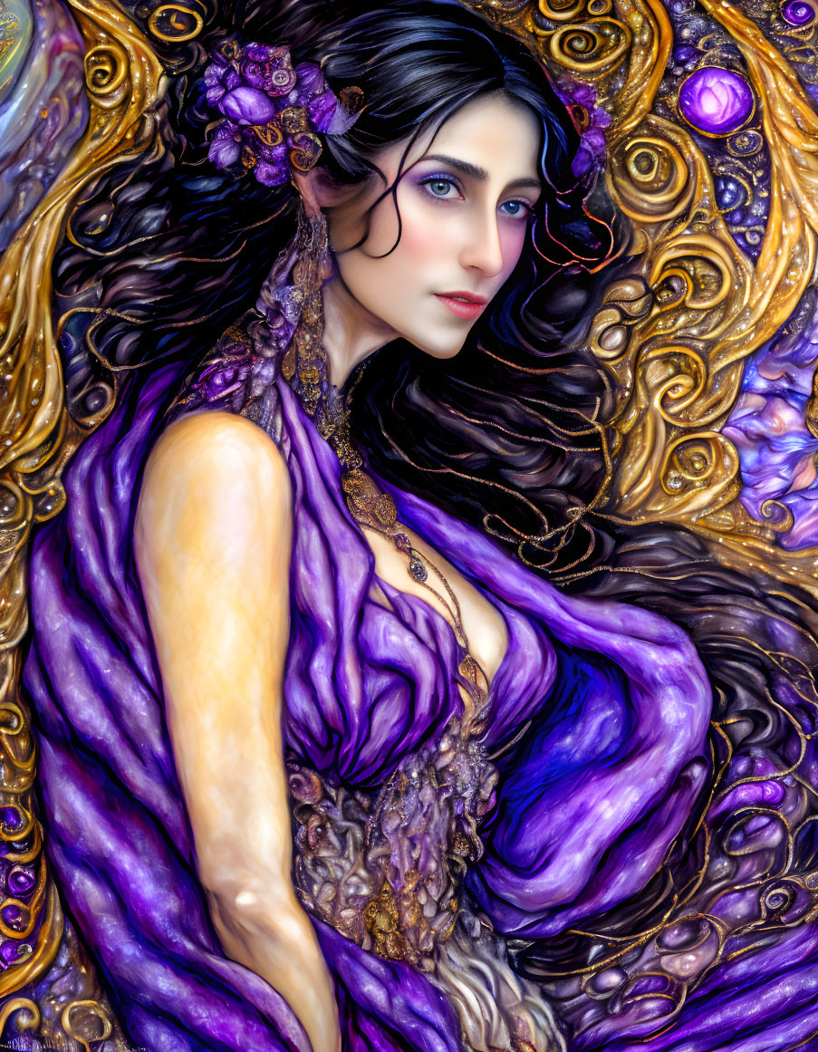 Fantasy portrait of woman with long hair, purple drapery, flowers, gold jewelry, swirl