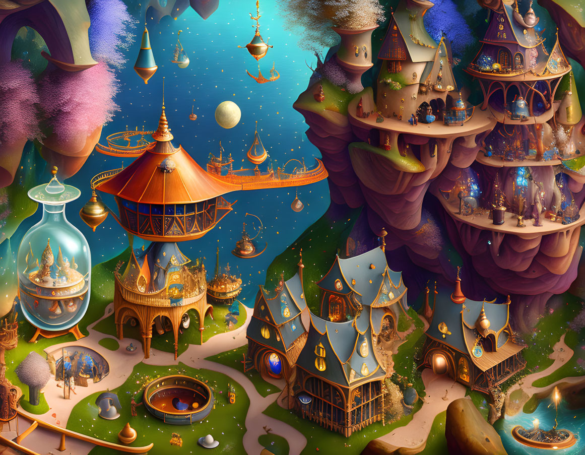 Fantasy landscape with whimsical treehouses, airships, and glowing lights