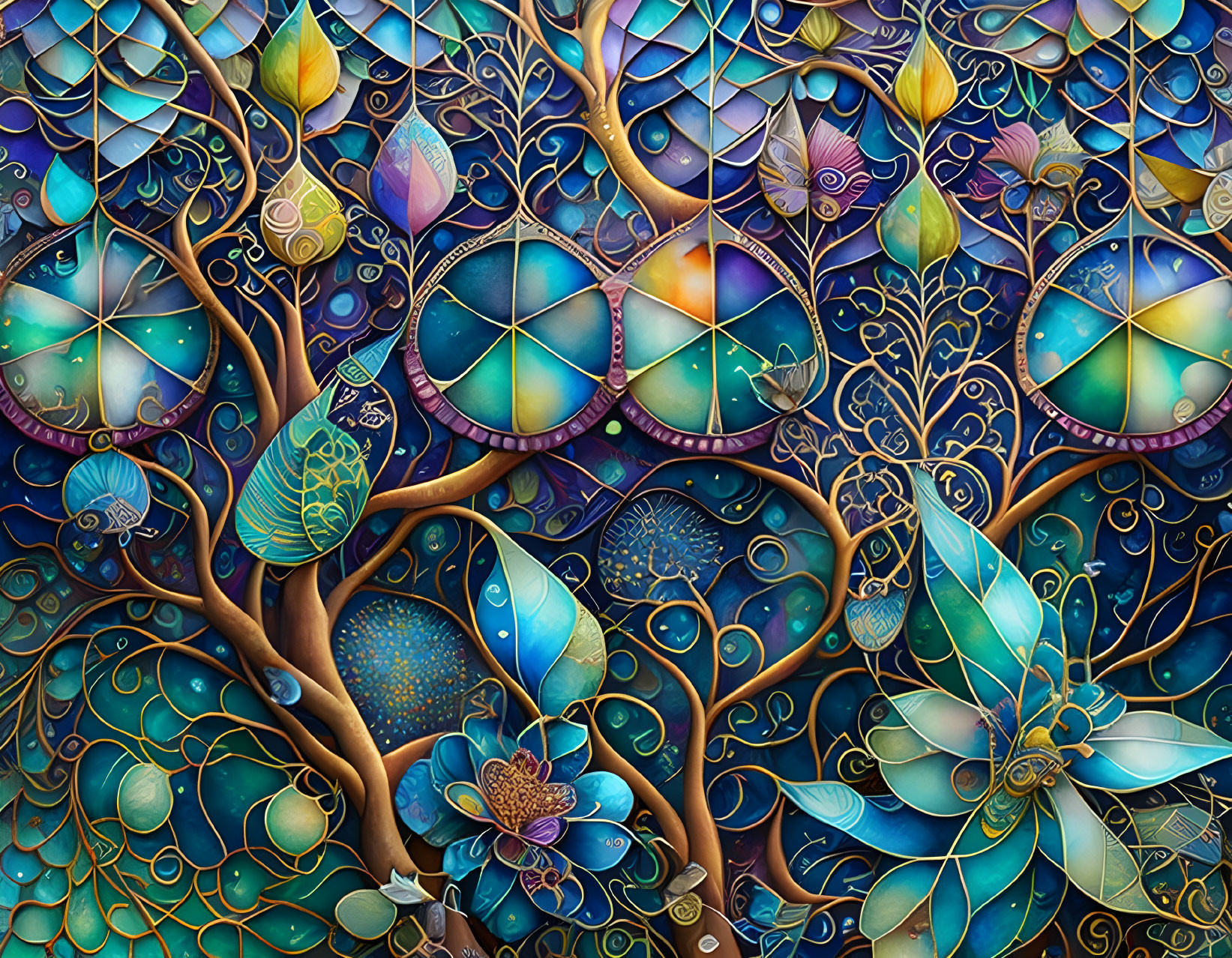 Vibrant mosaic tree artwork with whimsical designs