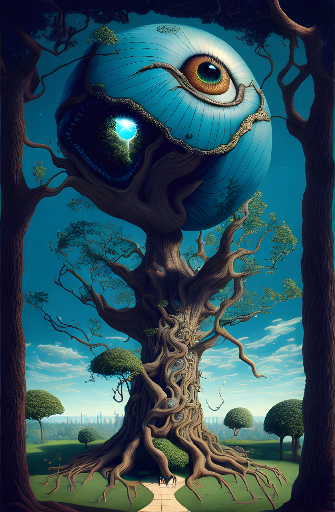 Surreal image: Large tree with eye canopy & smaller eyeball in twisted roots