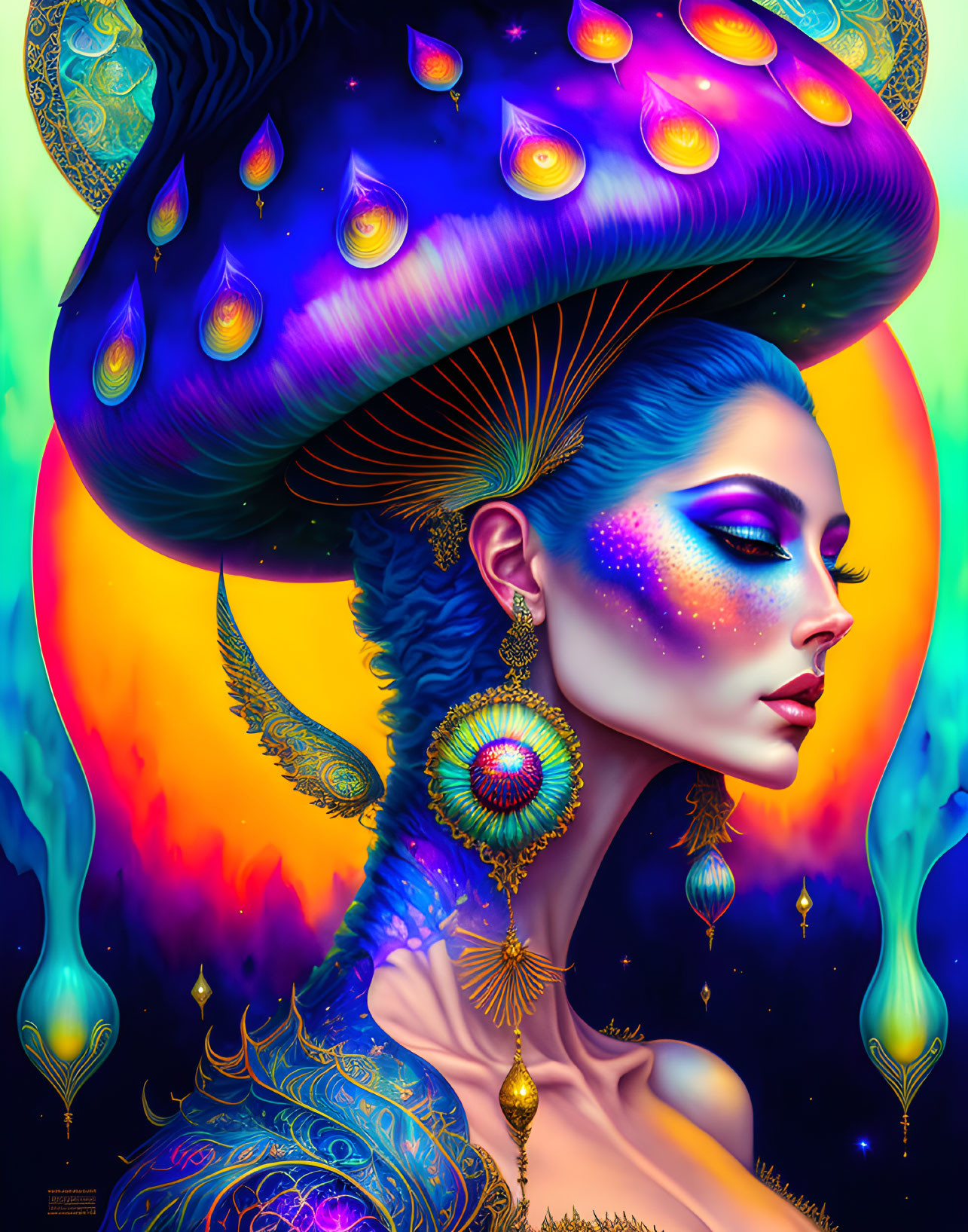 Colorful artwork of woman with blue skin and cosmic makeup against psychedelic background