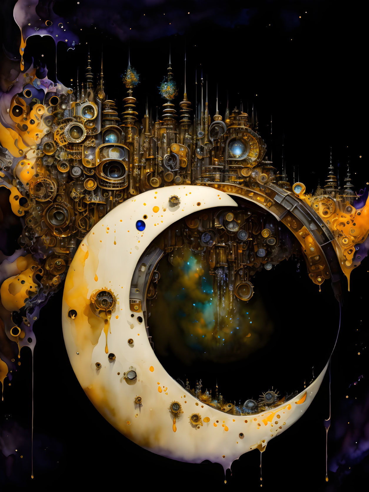 Fantastical crescent moon cityscape with steampunk architecture