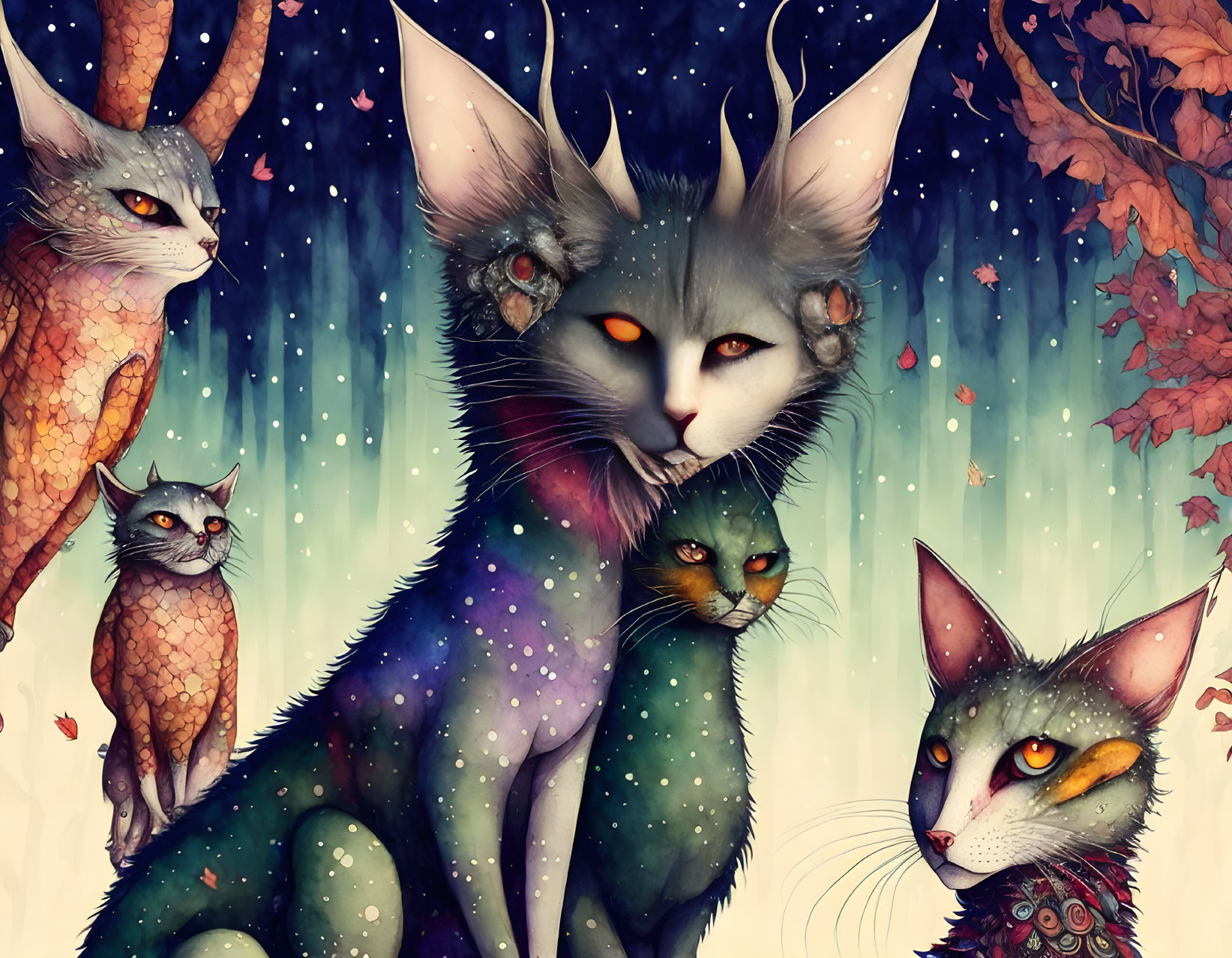 Five cat-like creatures with piercing eyes in fantastical artwork