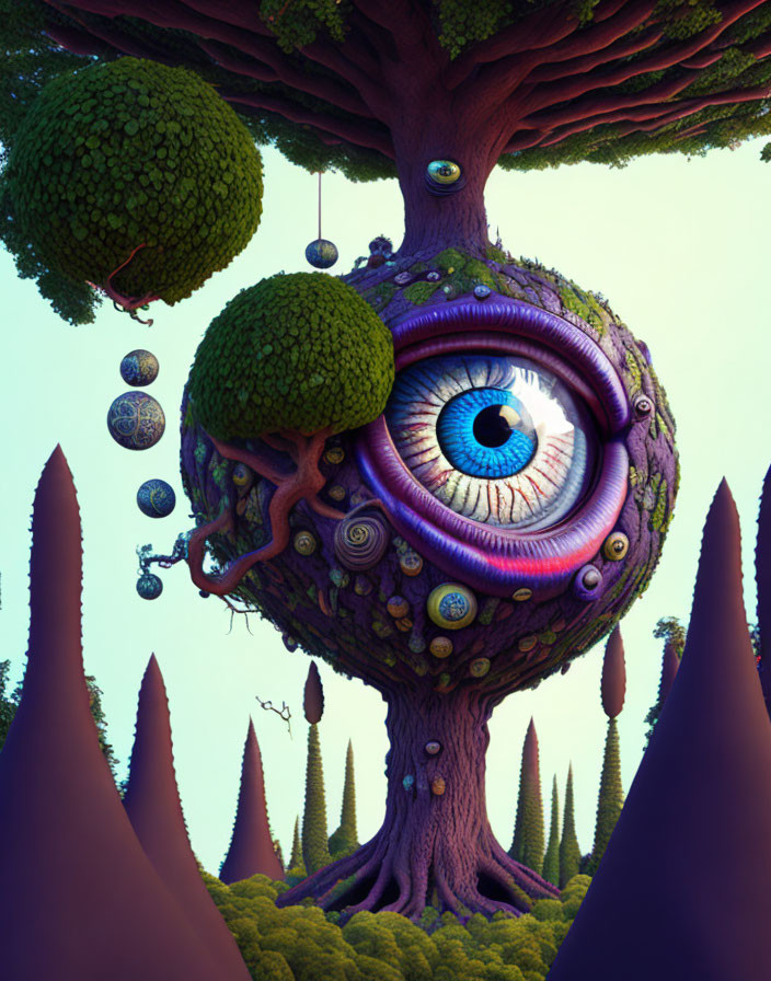 Surreal illustration featuring tree with eye, floating orbs, and conical trees