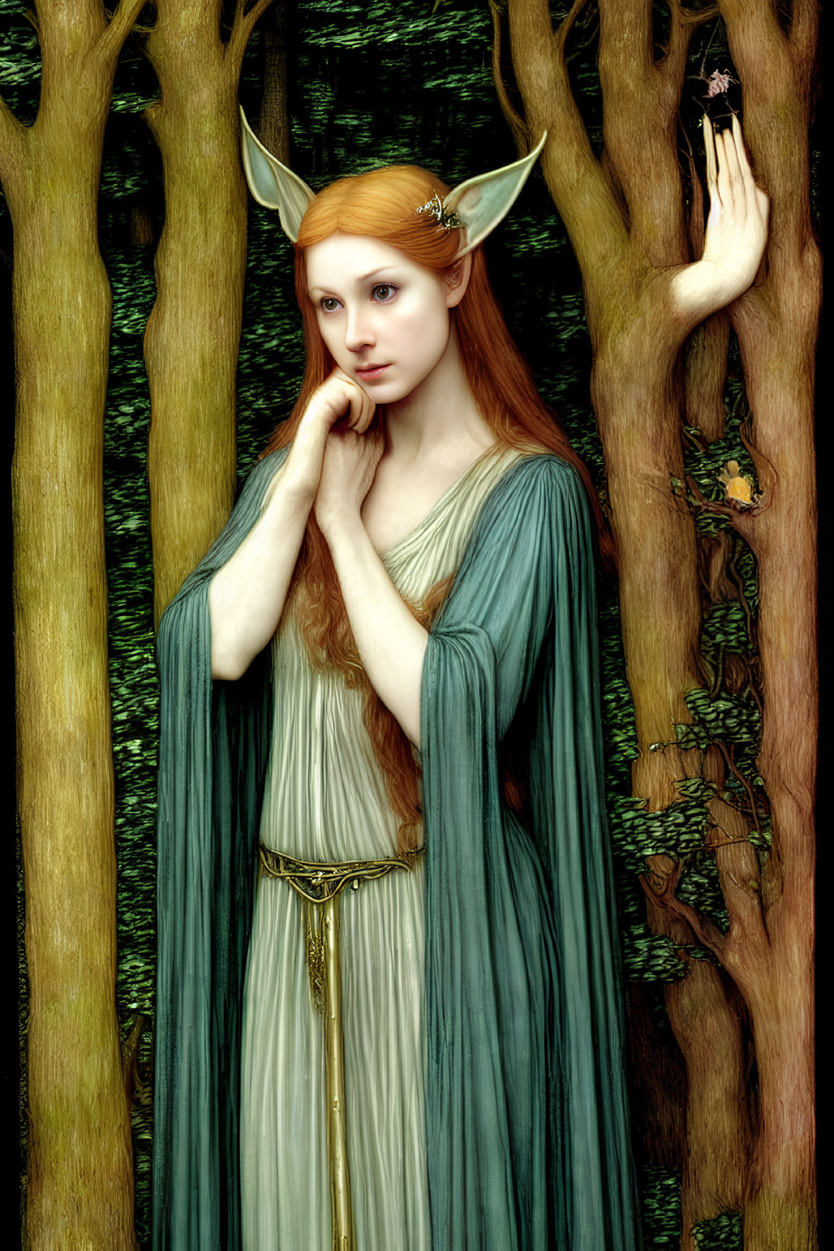 Red-haired elf in pale dress standing in green forest with pointed ears.