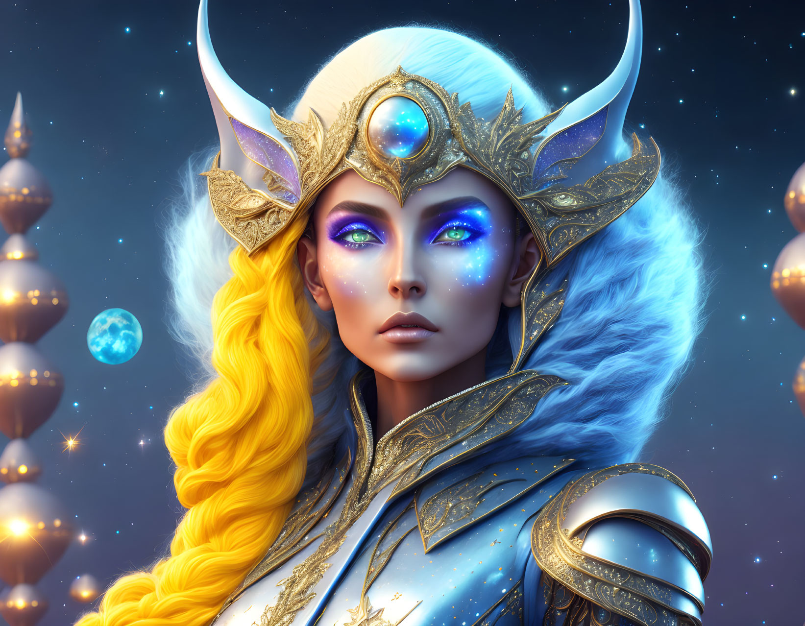 Fantasy character with blue eyes, golden hair, and crescent moon armor in starry setting