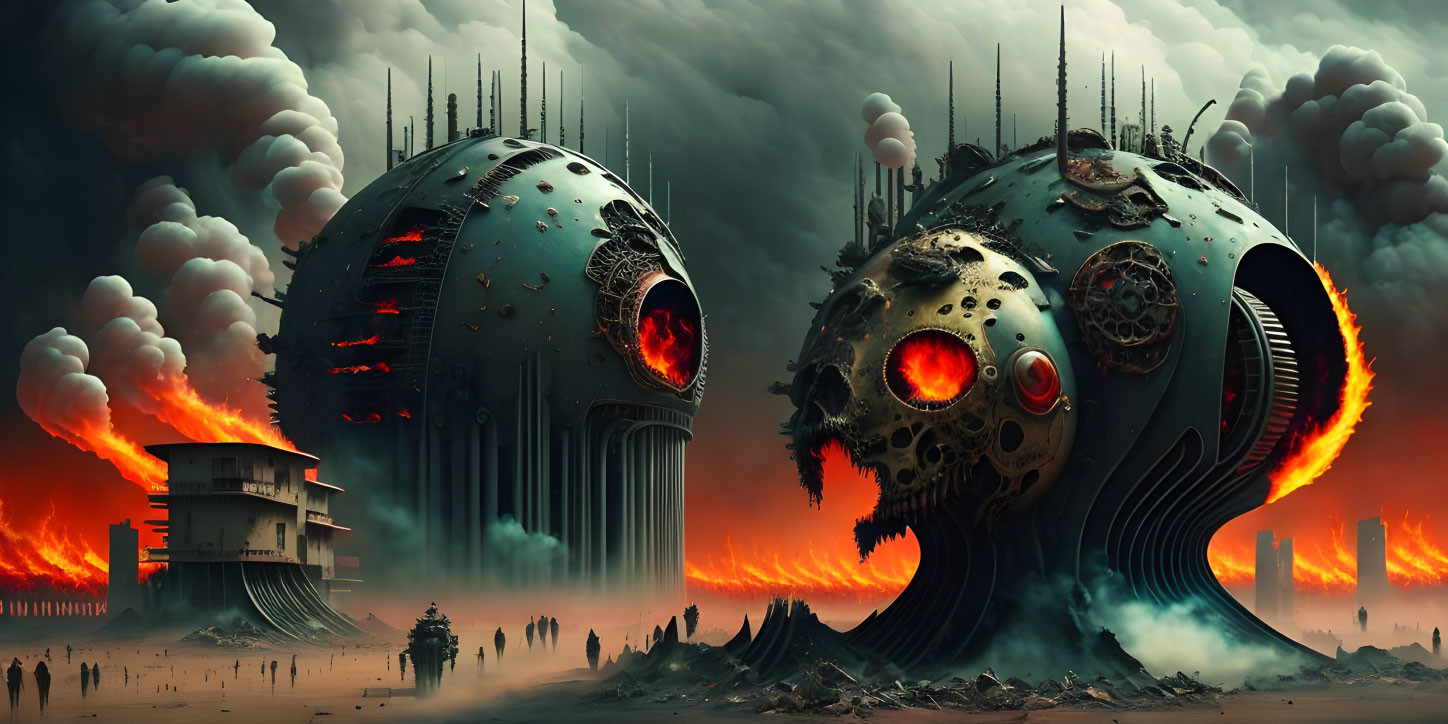 Dystopian landscape with skull-like structures emitting smoke