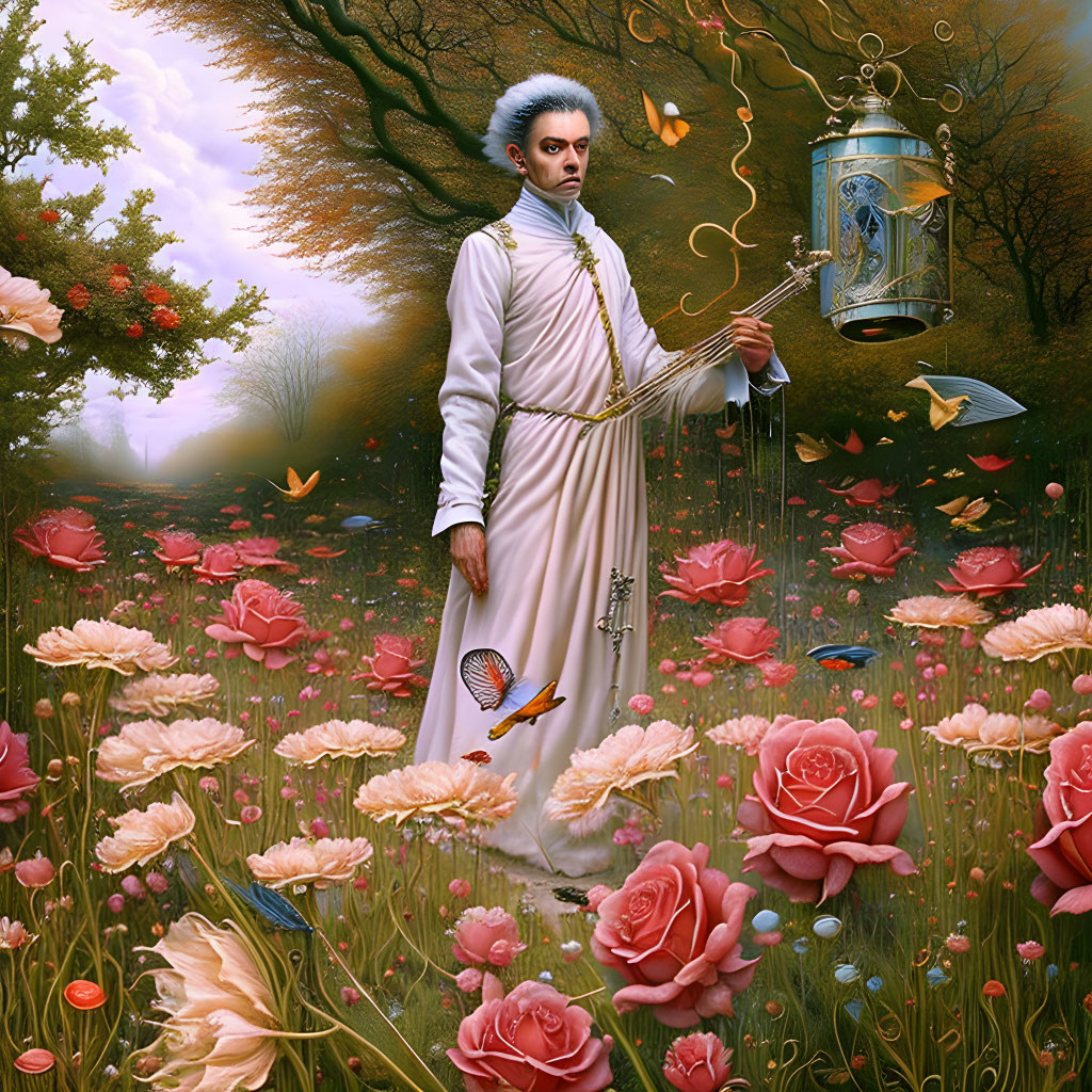 Surreal portrait with historical attire, lantern, roses, butterflies