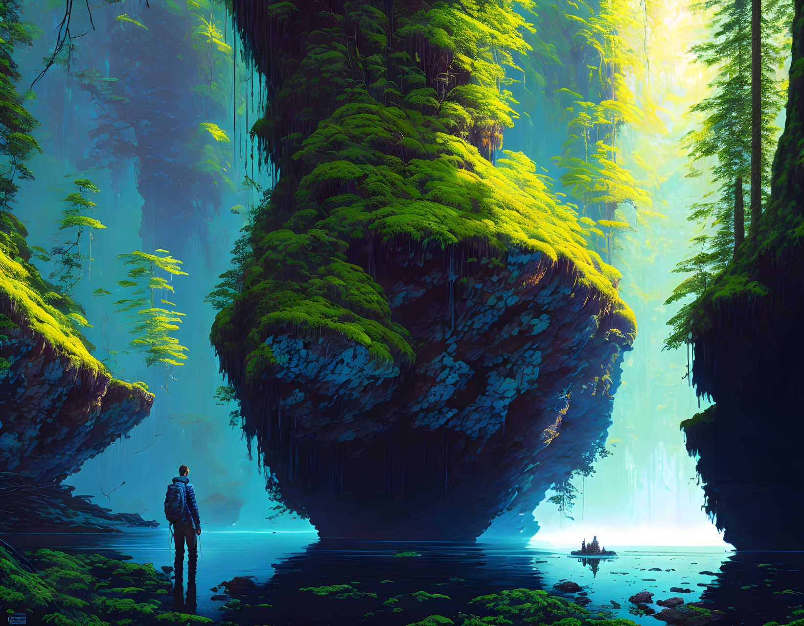 Person Contemplating Moss-Covered Floating Island in Serene Forest