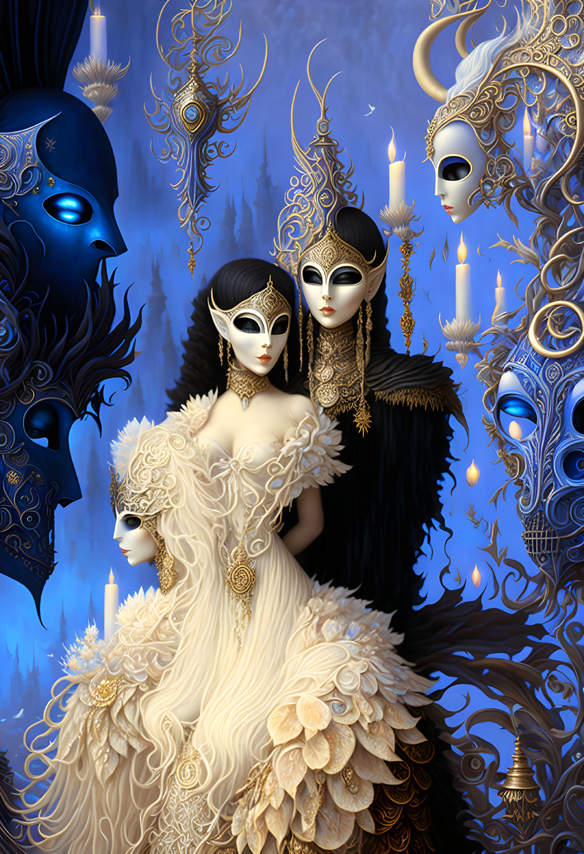 Digital artwork of two figures in ornate masks and costumes against a mystical baroque background.