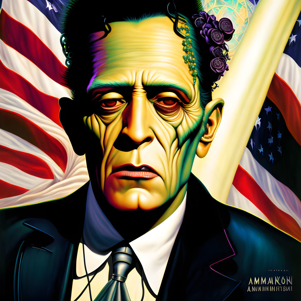 Colorful illustration of a monster in a suit against American flag.