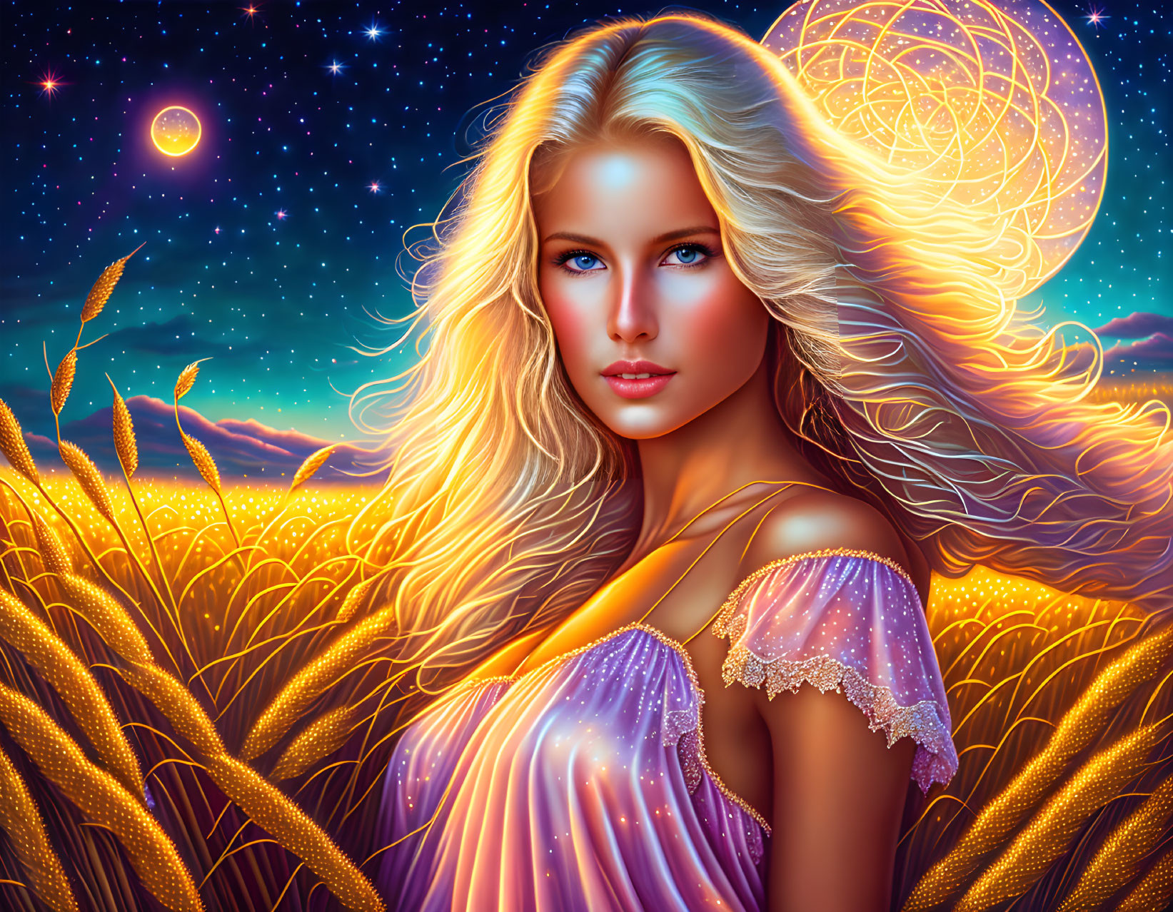 Blonde Woman with Glowing Symbols in Wheat Field