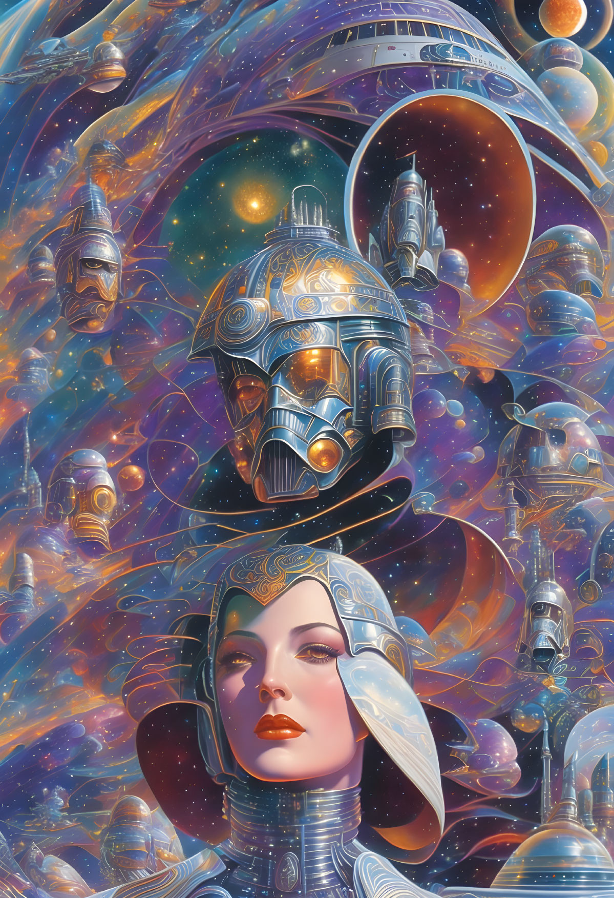 Surrealist artwork: Female android head, intricate designs, cosmic backdrop