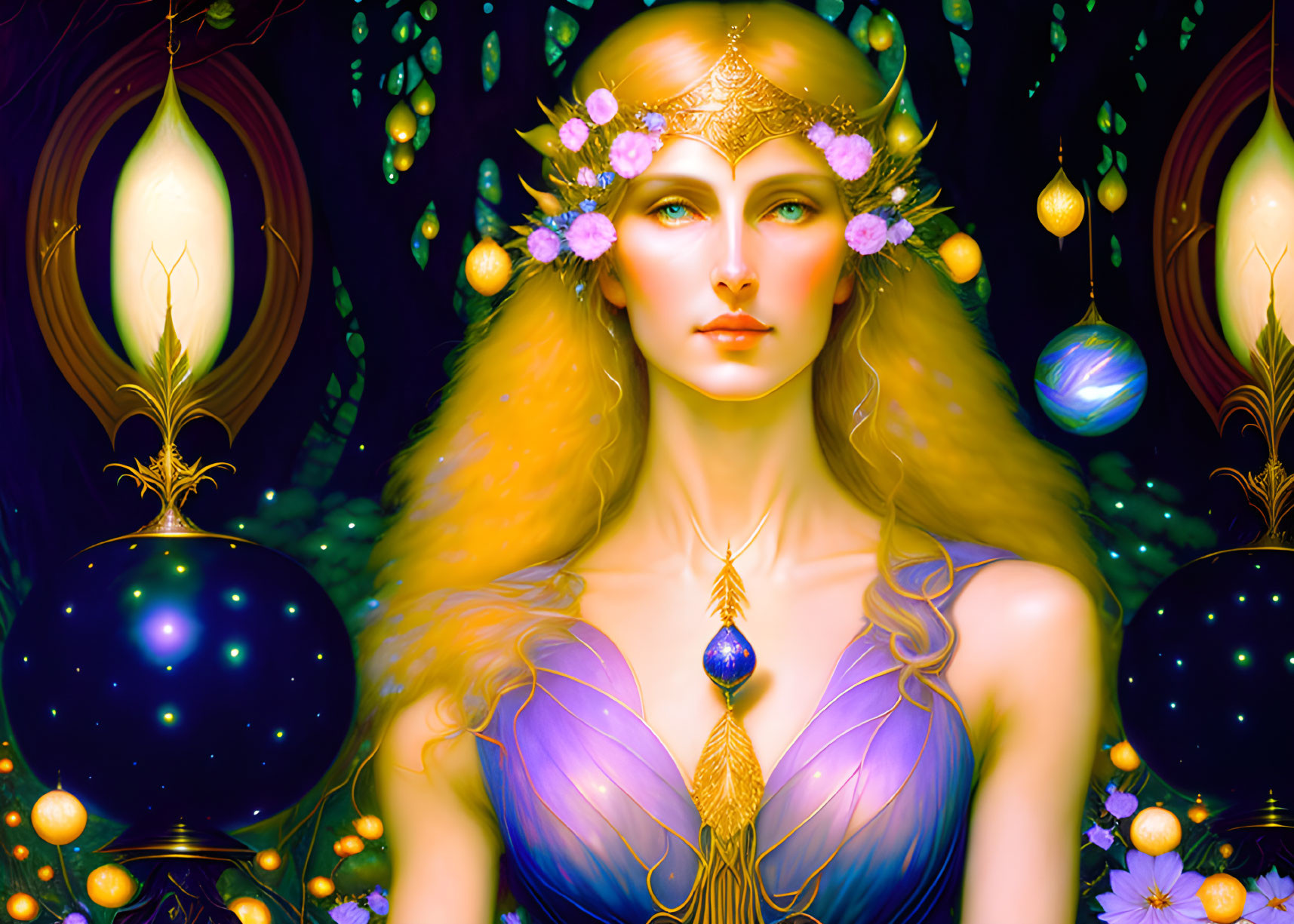 Fantastical illustration of woman with golden hair and ornate crown surrounded by orbs and floral motifs.