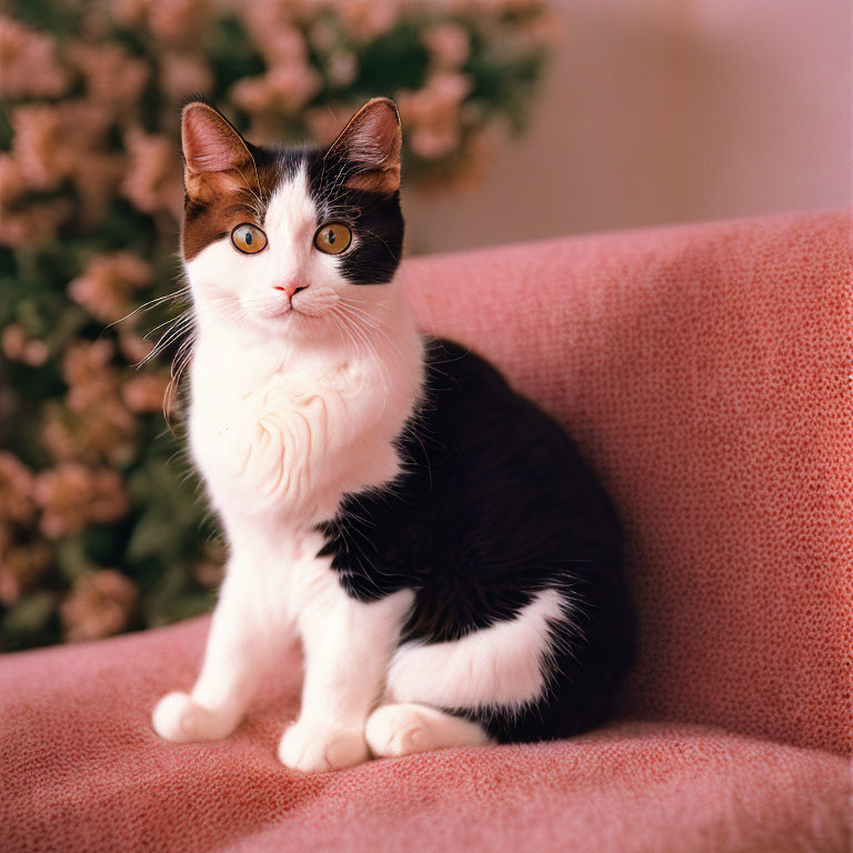 Black and White Cat with Yellow Eyes on Pink Fabric Near Green Plant