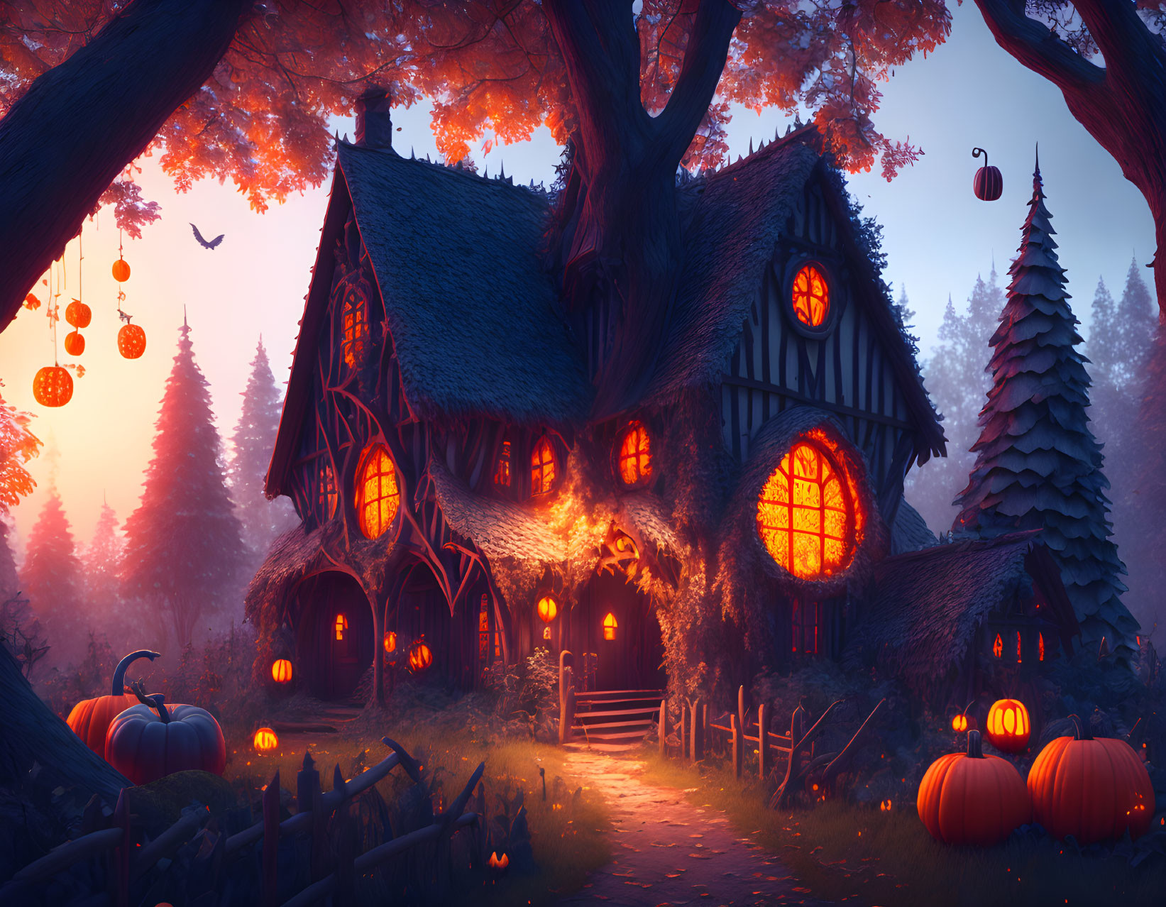 Cozy autumn cottage with Halloween decorations in twilight