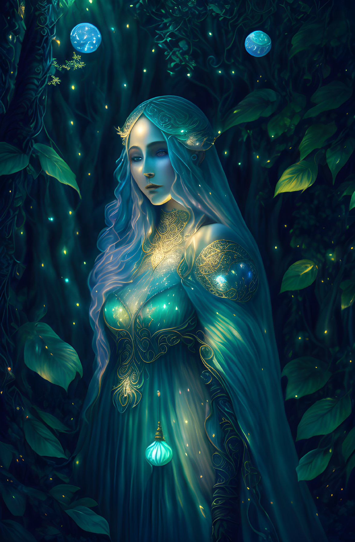 Ethereal woman with long hair in mystical forest with glowing orbs