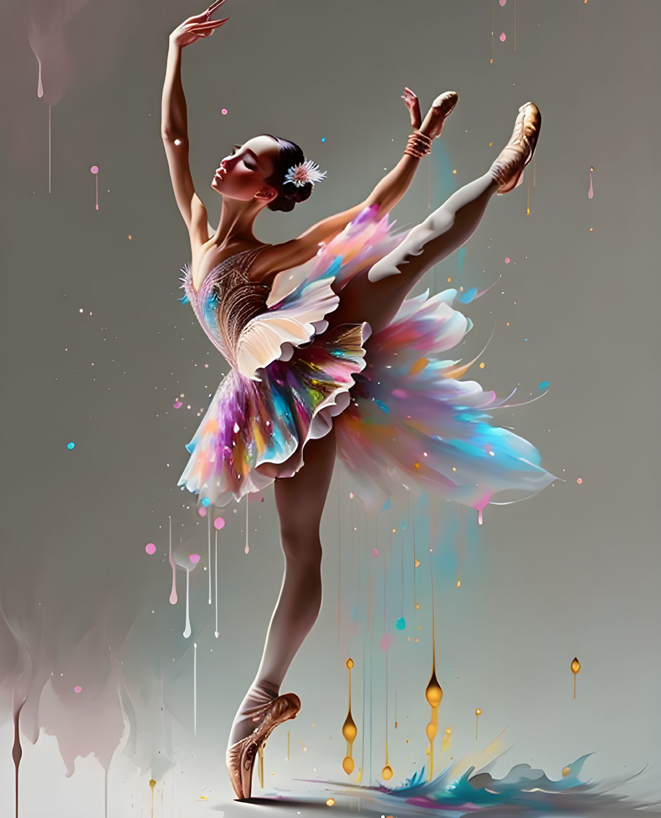 Vibrant digital artwork: ballet dancer in flowing, dissolving tutu