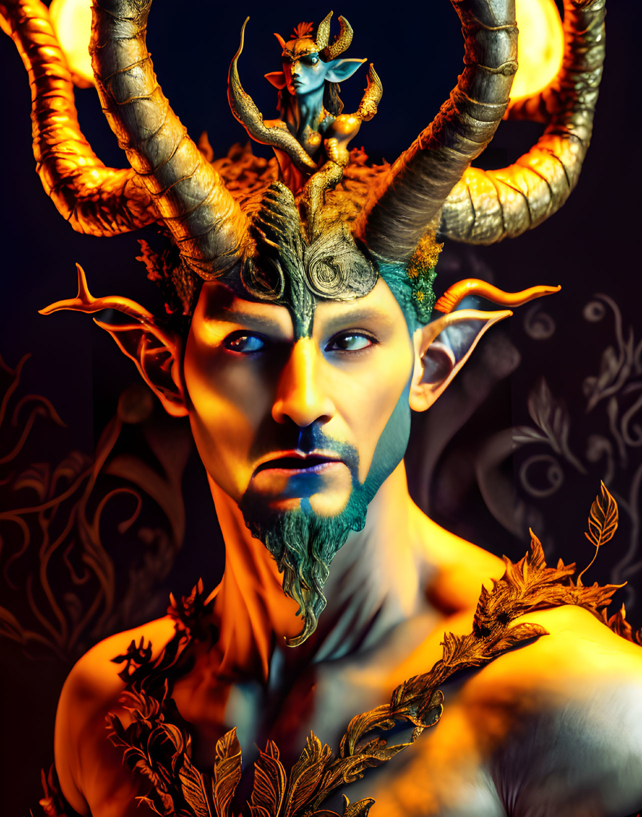 Mythological creature with large curled horns and blue beard in dark ambiance