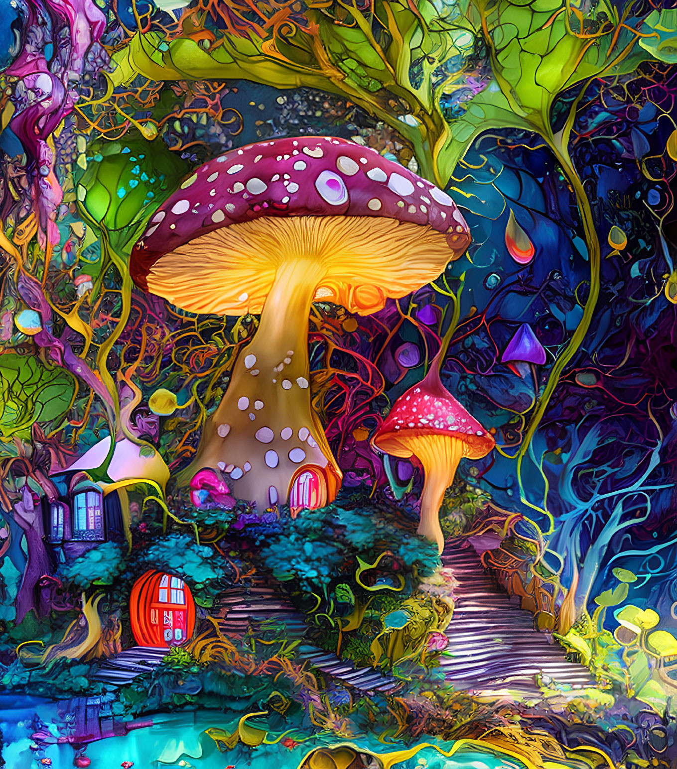 Fantasy forest with whimsical trees and colorful mushrooms in a magical setting