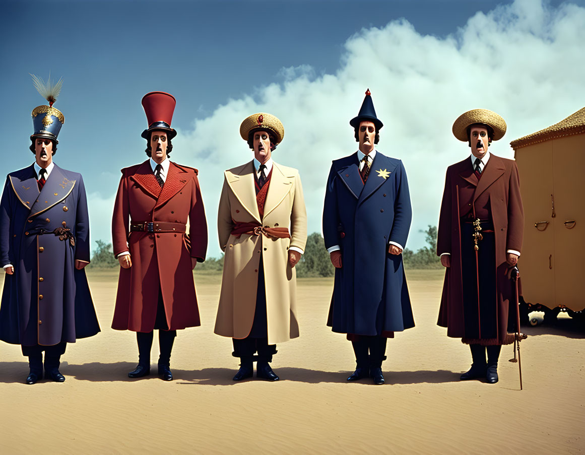 Five animated characters in vintage military uniforms with medals and unique hats in desert setting