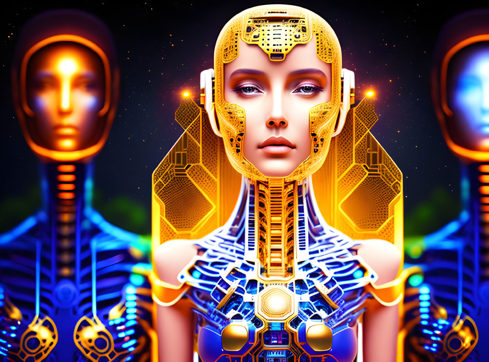 Detailed humanoid robot with gold and blue circuitry patterns and lifelike female face