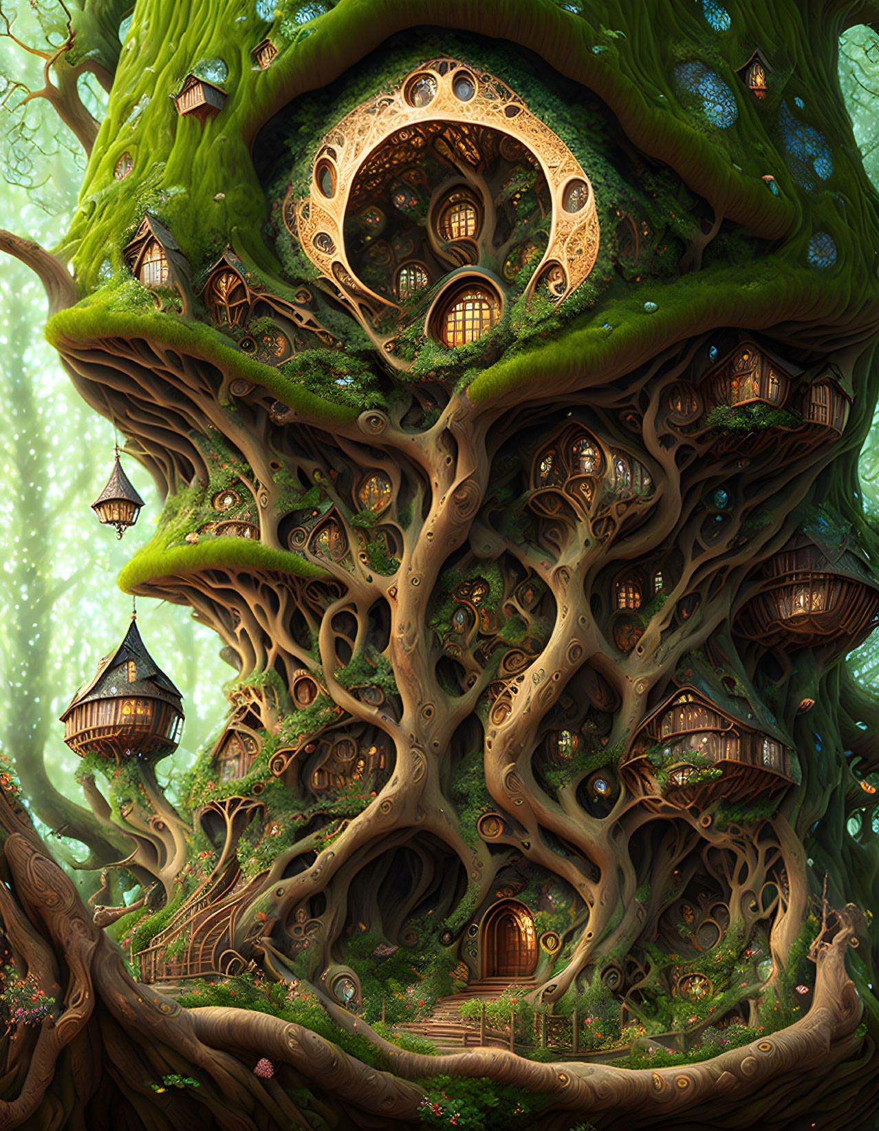 Enchanting tree with intricate houses in lush forest