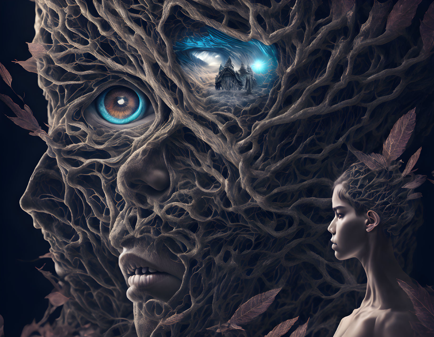 Person's portrait with encircling branches and vibrant, fantastical eyes showcasing a tiny world within