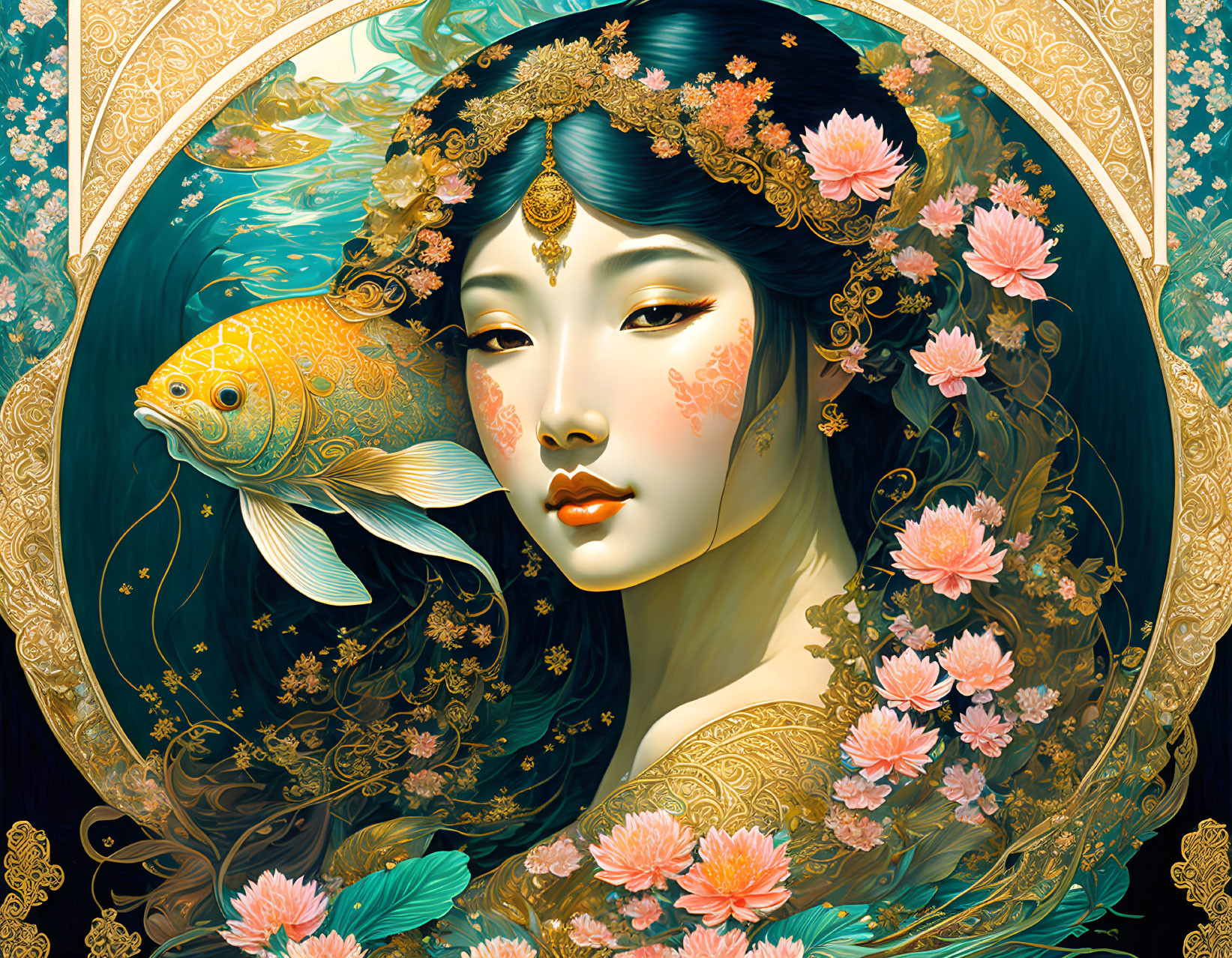 Illustrated woman with golden headpieces, flowers, and koi fish on blue and gold background