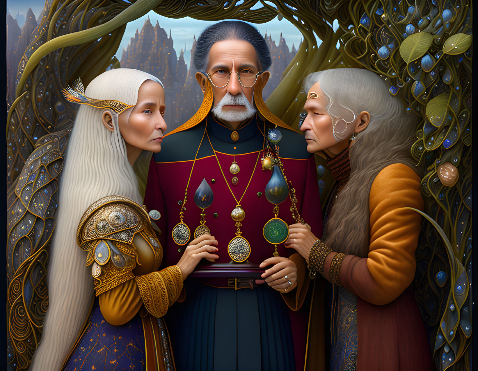 Elderly fantasy characters in ornate attire with mystical amulets by golden tree portal