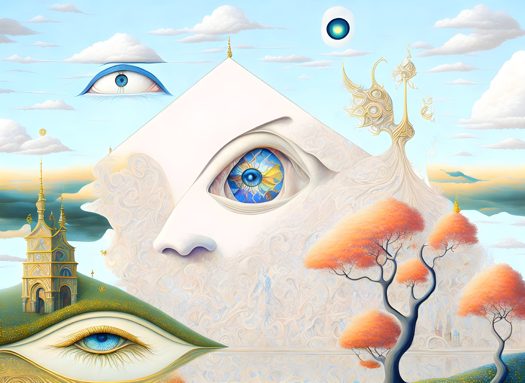 Surreal landscape with stylized eyes in architecture and nature