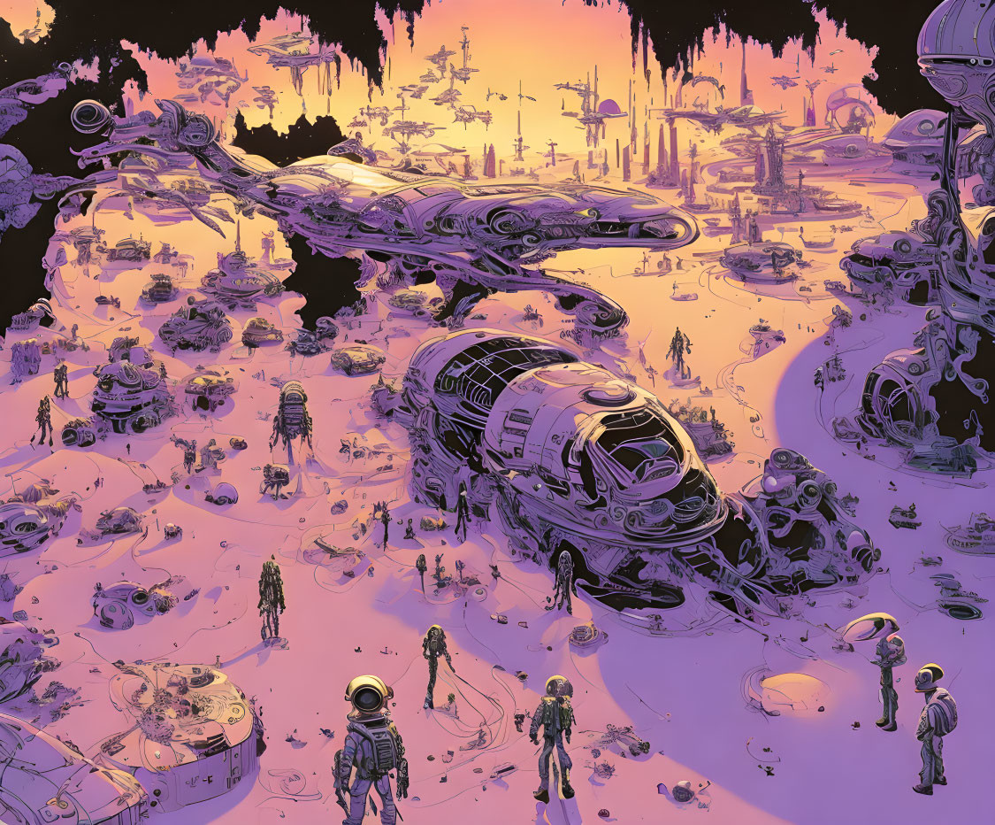 Astronauts exploring alien landscape with futuristic ships in purple and orange hues