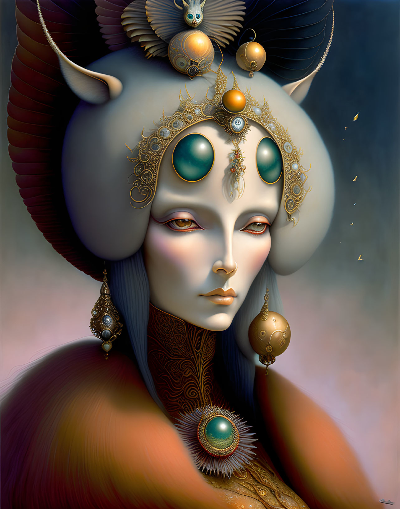 Elaborate golden headgear and intricate jewelry on pale female figure