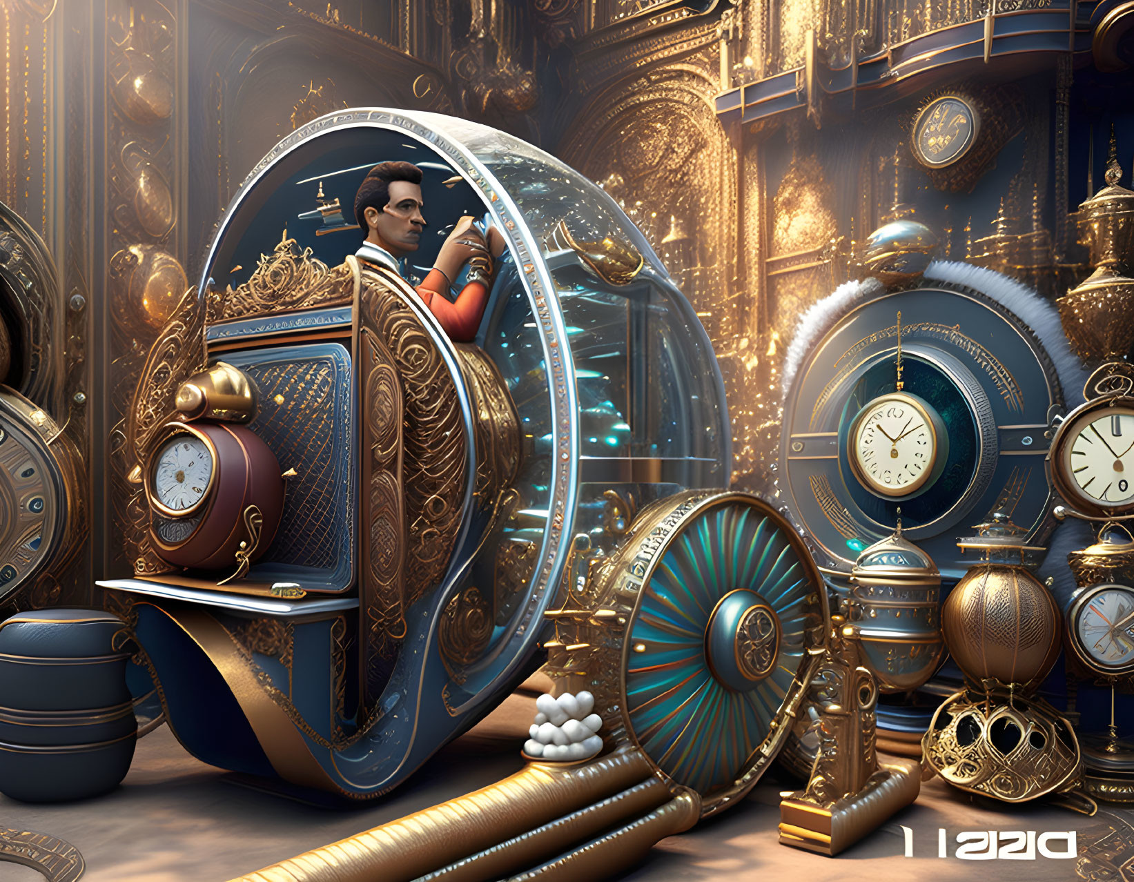 Steampunk-inspired scene with person in ornate vehicle and intricate clocks