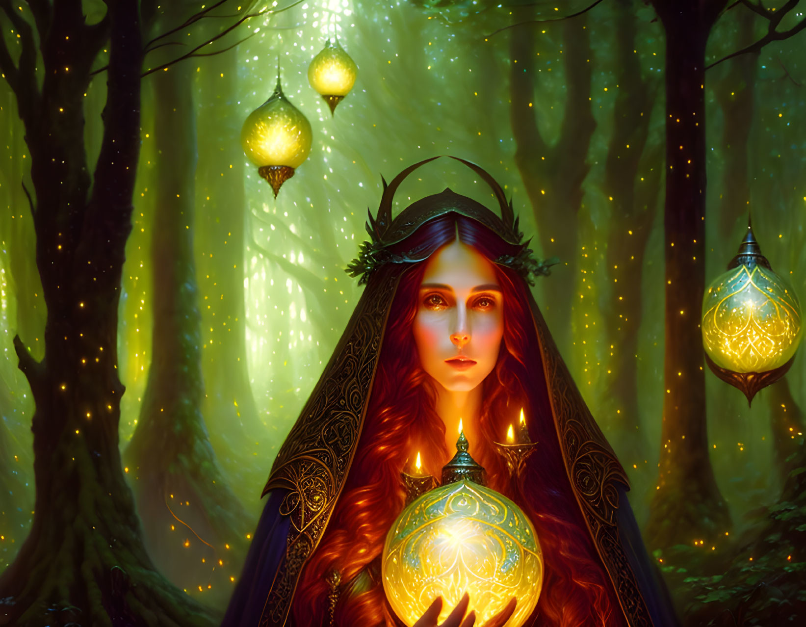 Mystical woman with crown and lanterns in enchanted forest