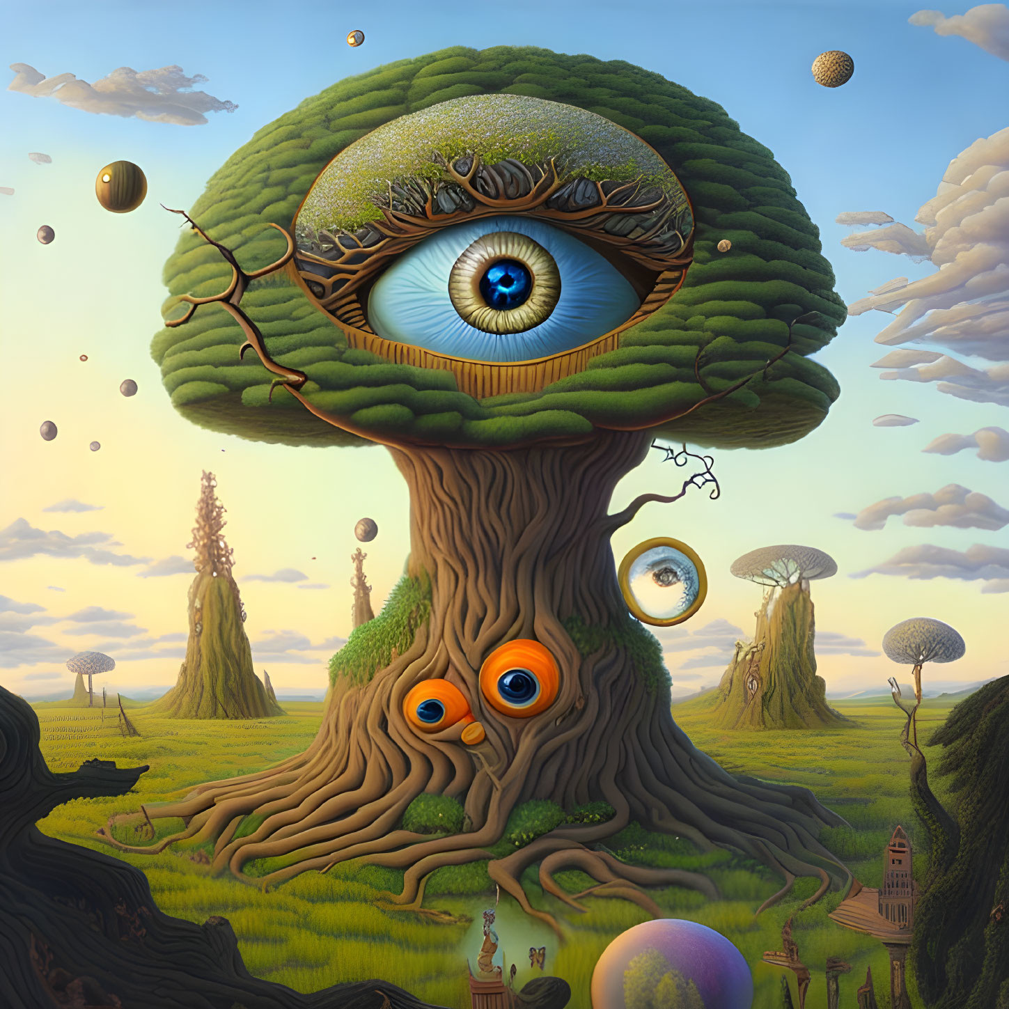 Surreal landscape with eye-shaped tree and floating objects