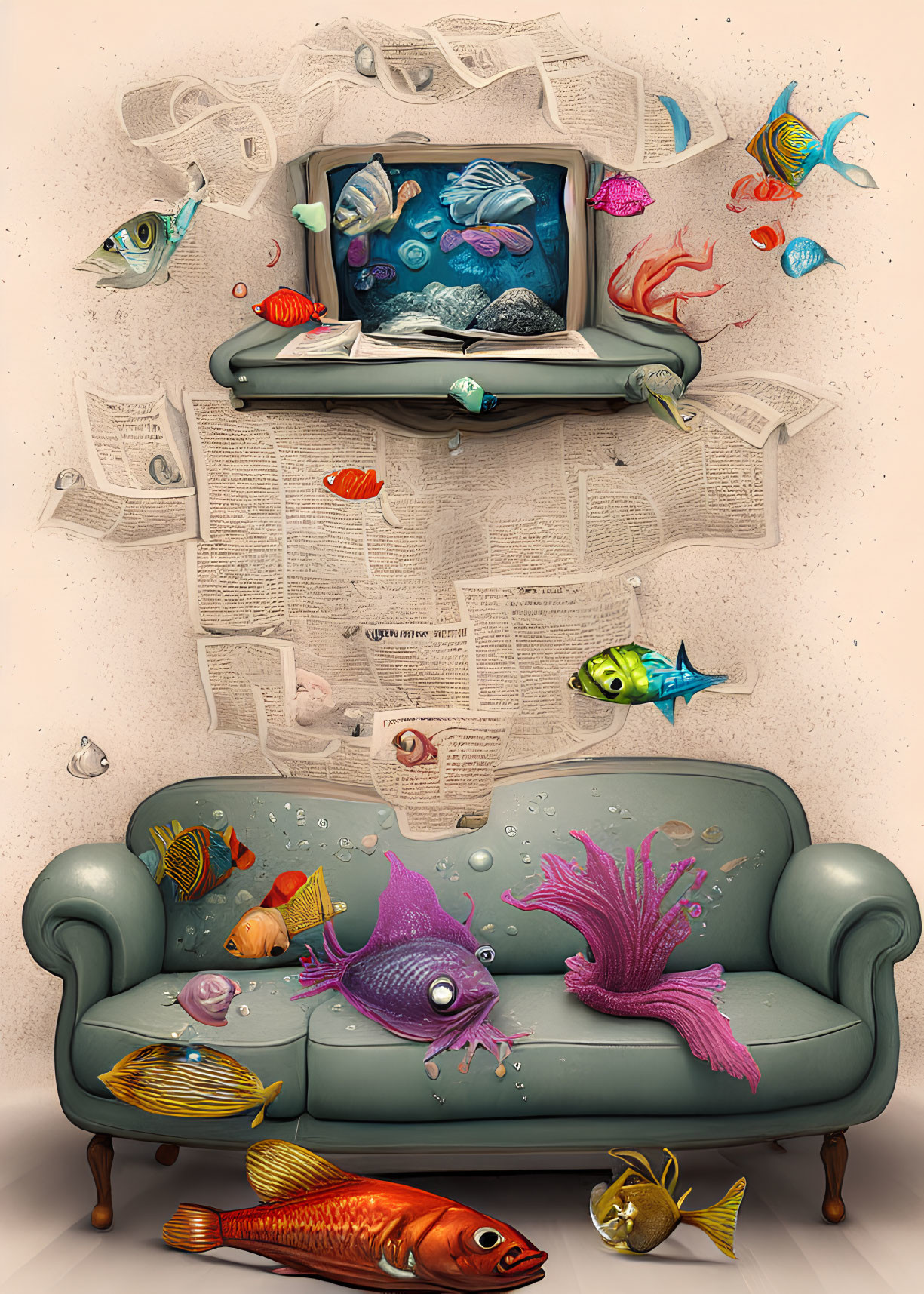 Colorful Fish Swimming Around Surreal Underwater Scene