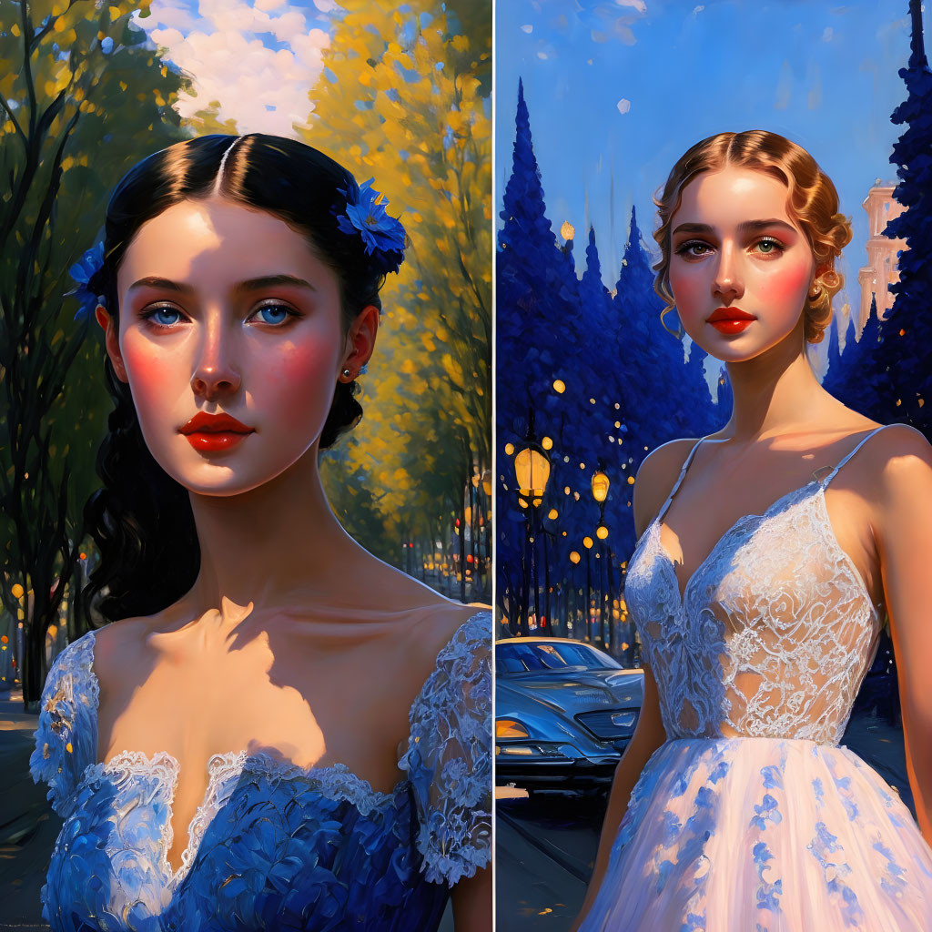 Illustrated portraits of women in elegant dresses with blue flowers, set against a vibrant cityscape