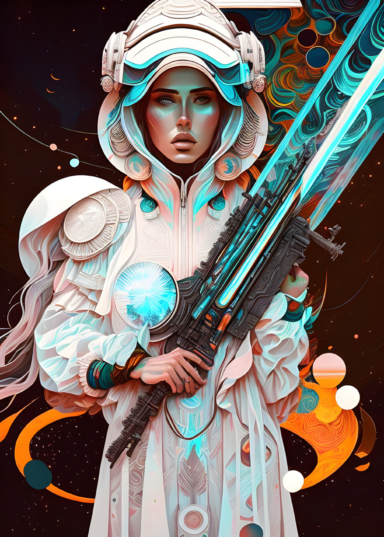 Futuristic female warrior in white space suit with ornate rifle against cosmic background