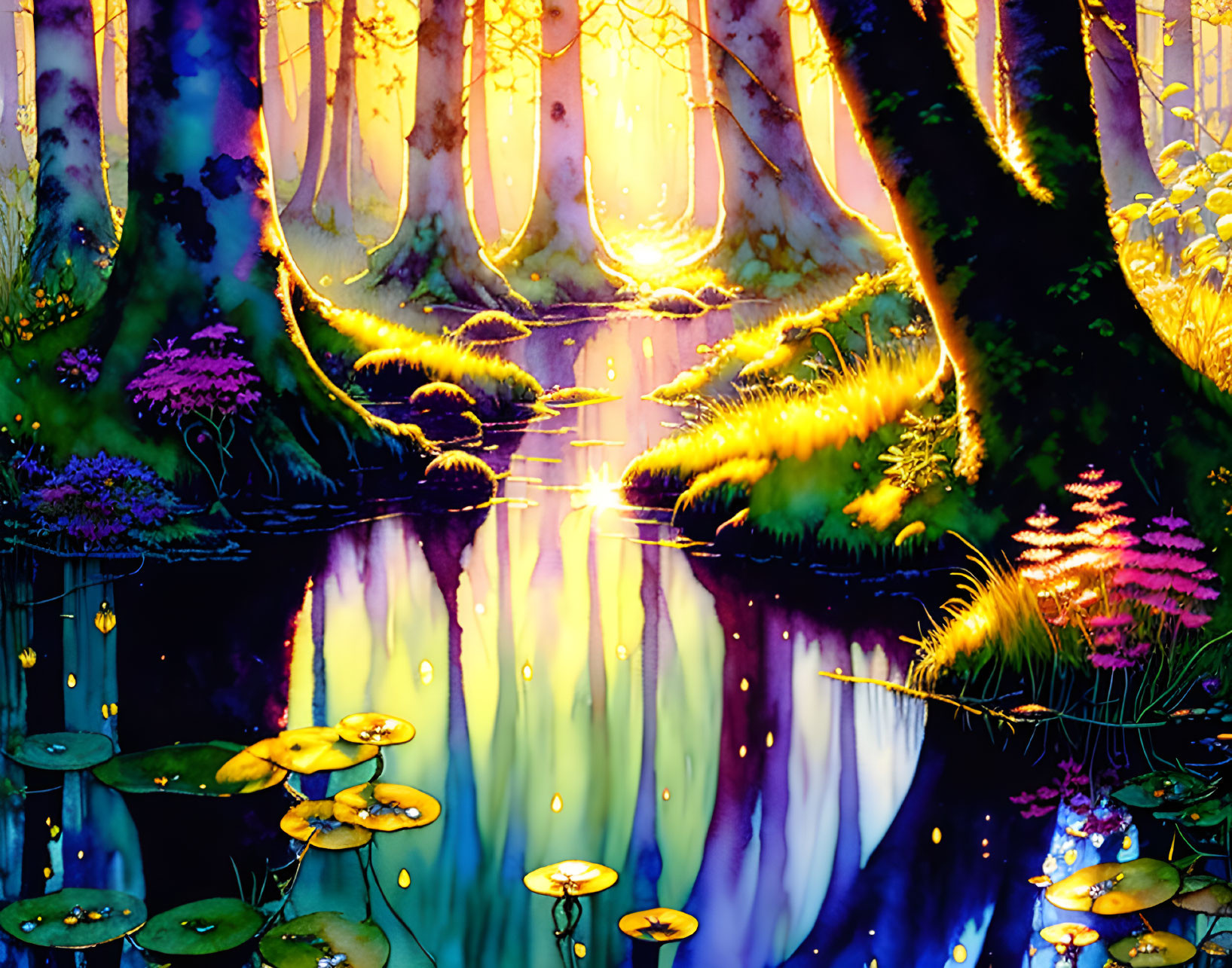 Vibrant Trees, Luminous Ferns, Tranquil Pond in Enchanted Forest