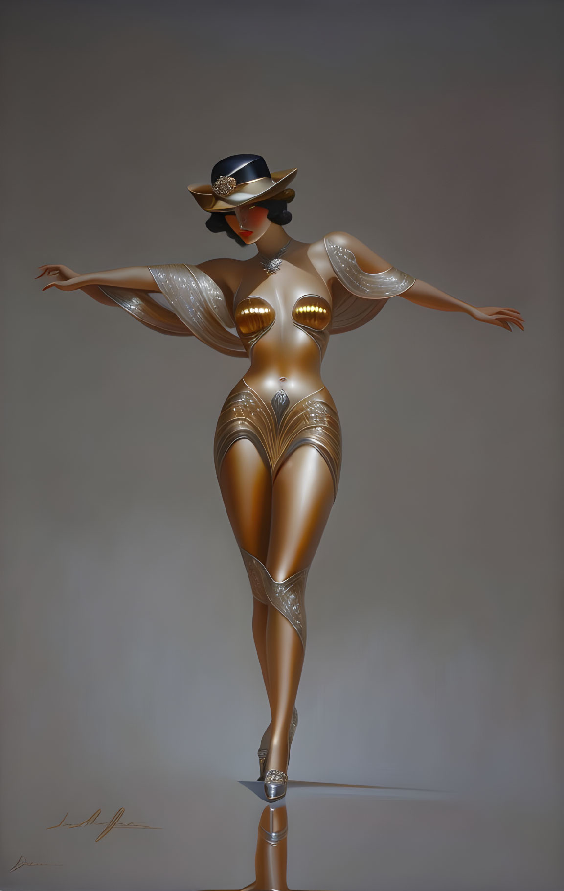 Stylized female figure in golden outfit and hat on neutral background